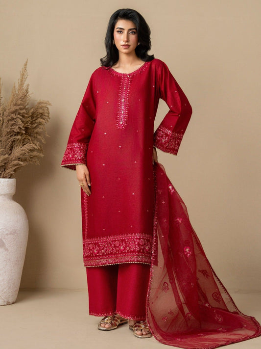 Red Stylish Collection Mahani Lawn Embroidered Stitched 3-Piece Suit-Leeah