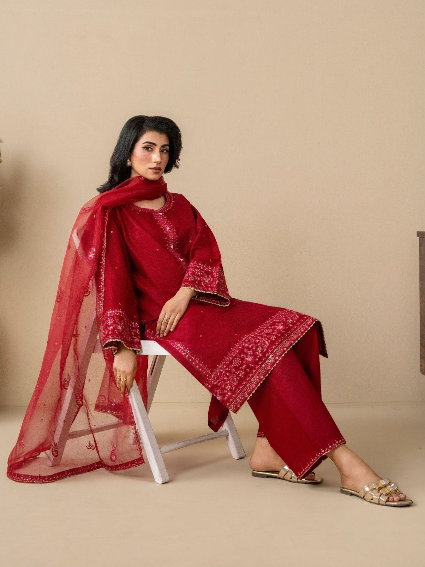 Red Stylish Collection Mahani Lawn Embroidered Stitched 3-Piece Suit-Leeah