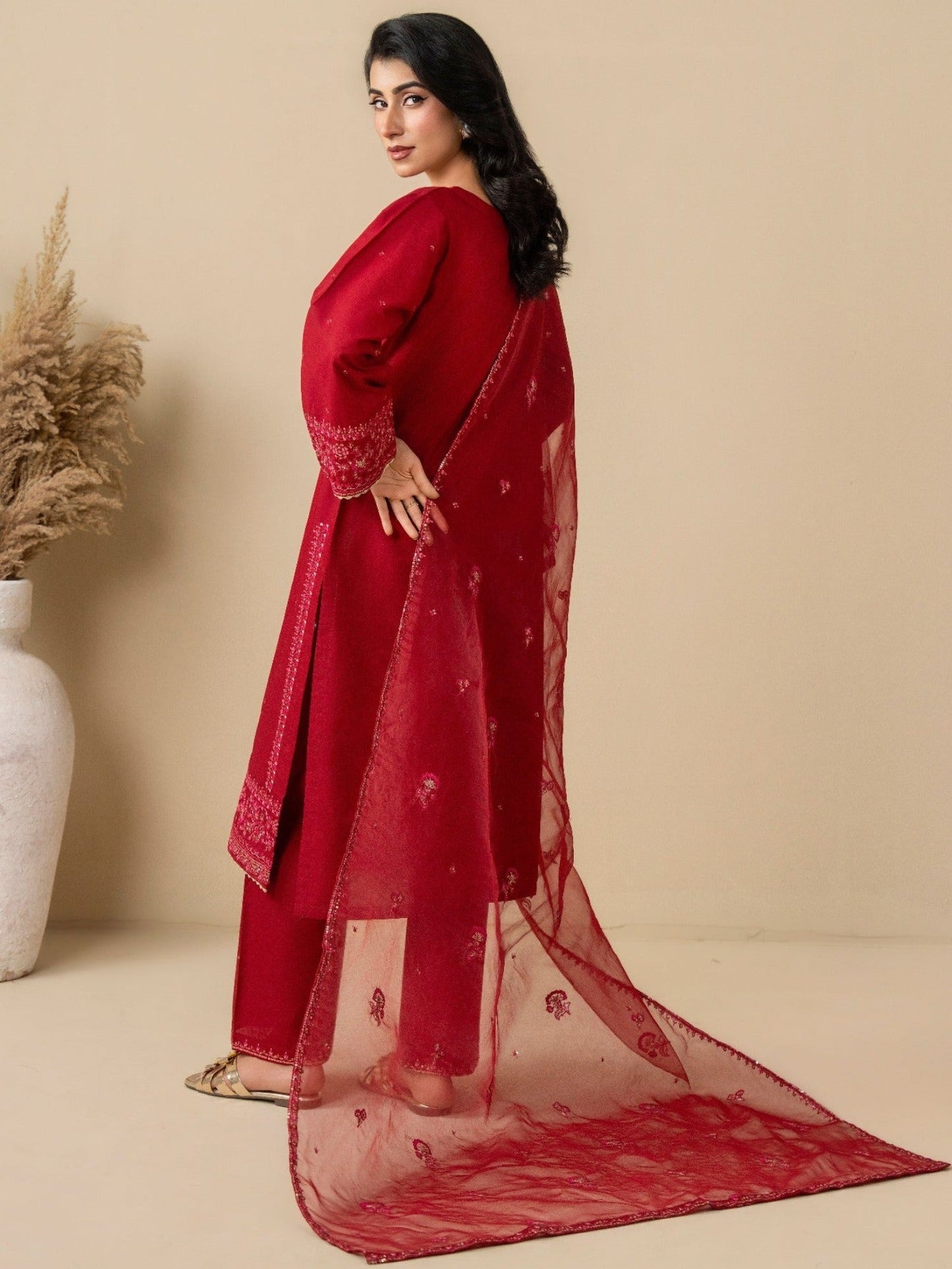 Red Stylish Collection Mahani Lawn Embroidered Stitched 3-Piece Suit-Leeah