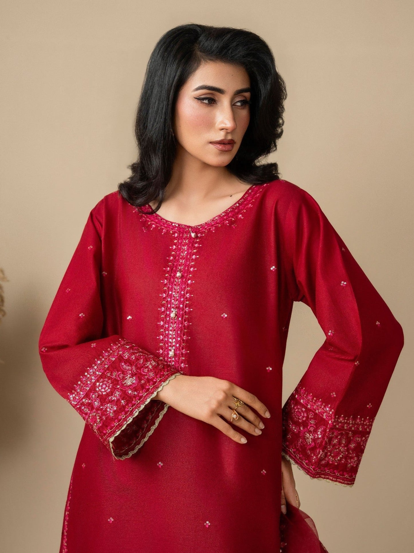 Red Stylish Collection Mahani Lawn Embroidered Stitched 3-Piece Suit-Leeah