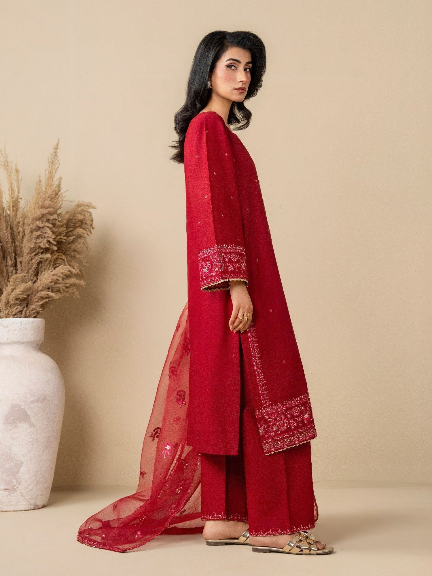 Red Stylish Collection Mahani Lawn Embroidered Stitched 3-Piece Suit-Leeah