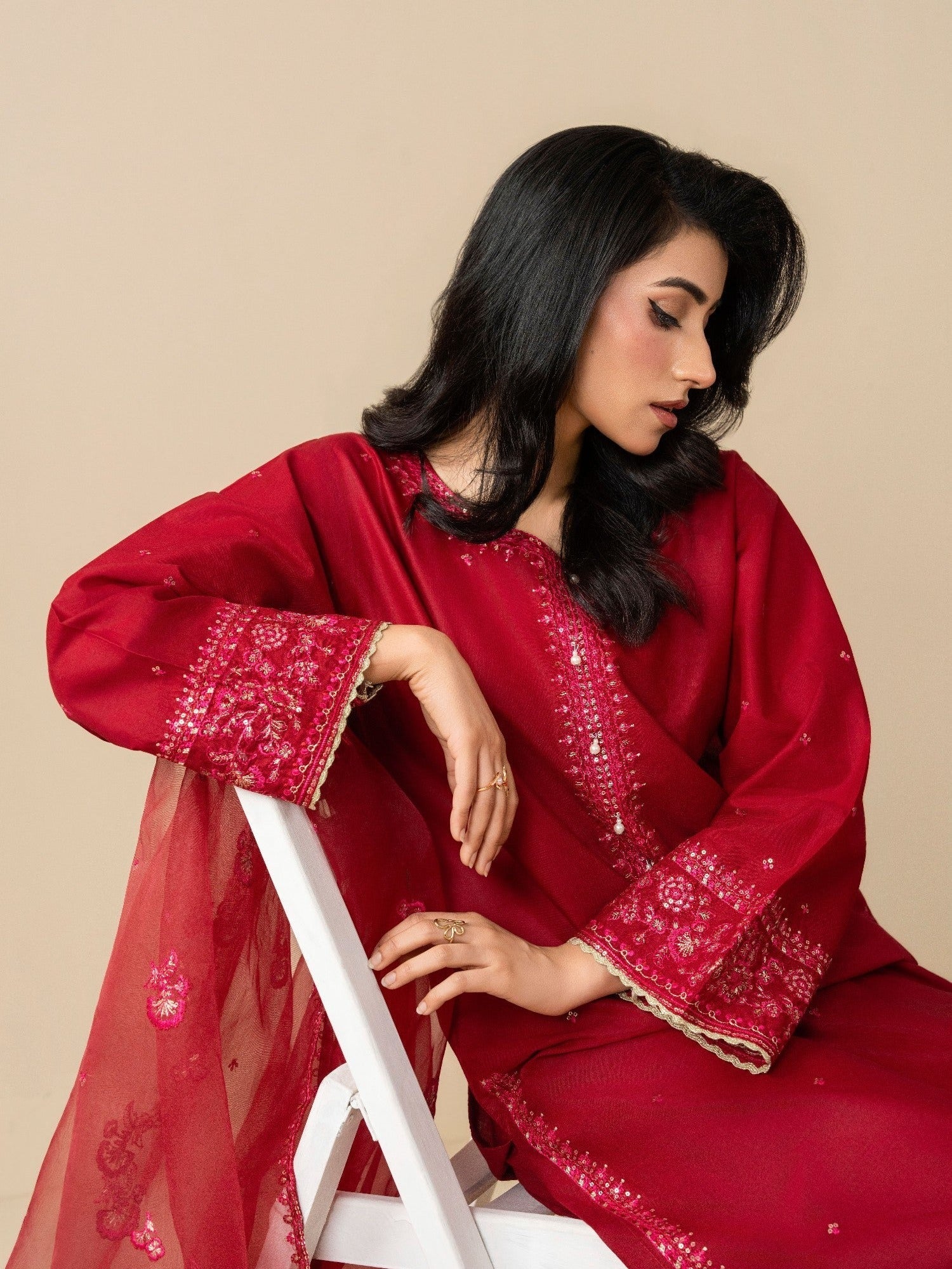 Red Stylish Collection Mahani Lawn Embroidered Stitched 3-Piece Suit-Leeah