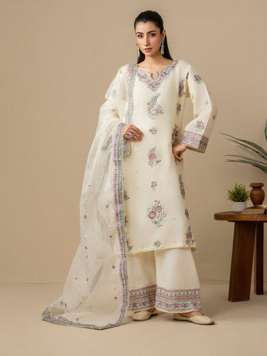 Cream Stylish Collection Mahani Lawn Embroidered Stitched 3-Piece Suit-Laaj