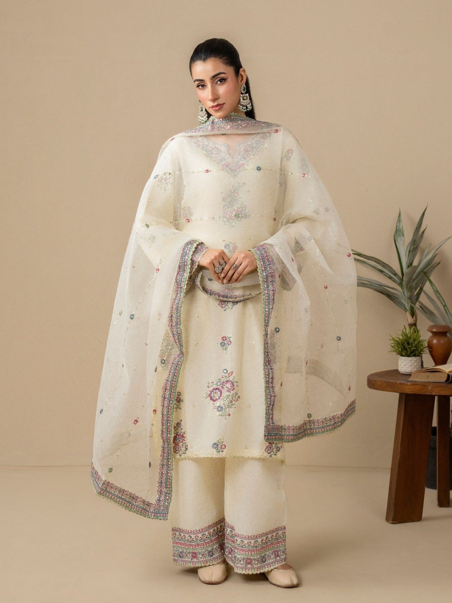 Cream Stylish Collection Mahani Lawn Embroidered Stitched 3-Piece Suit-Laaj
