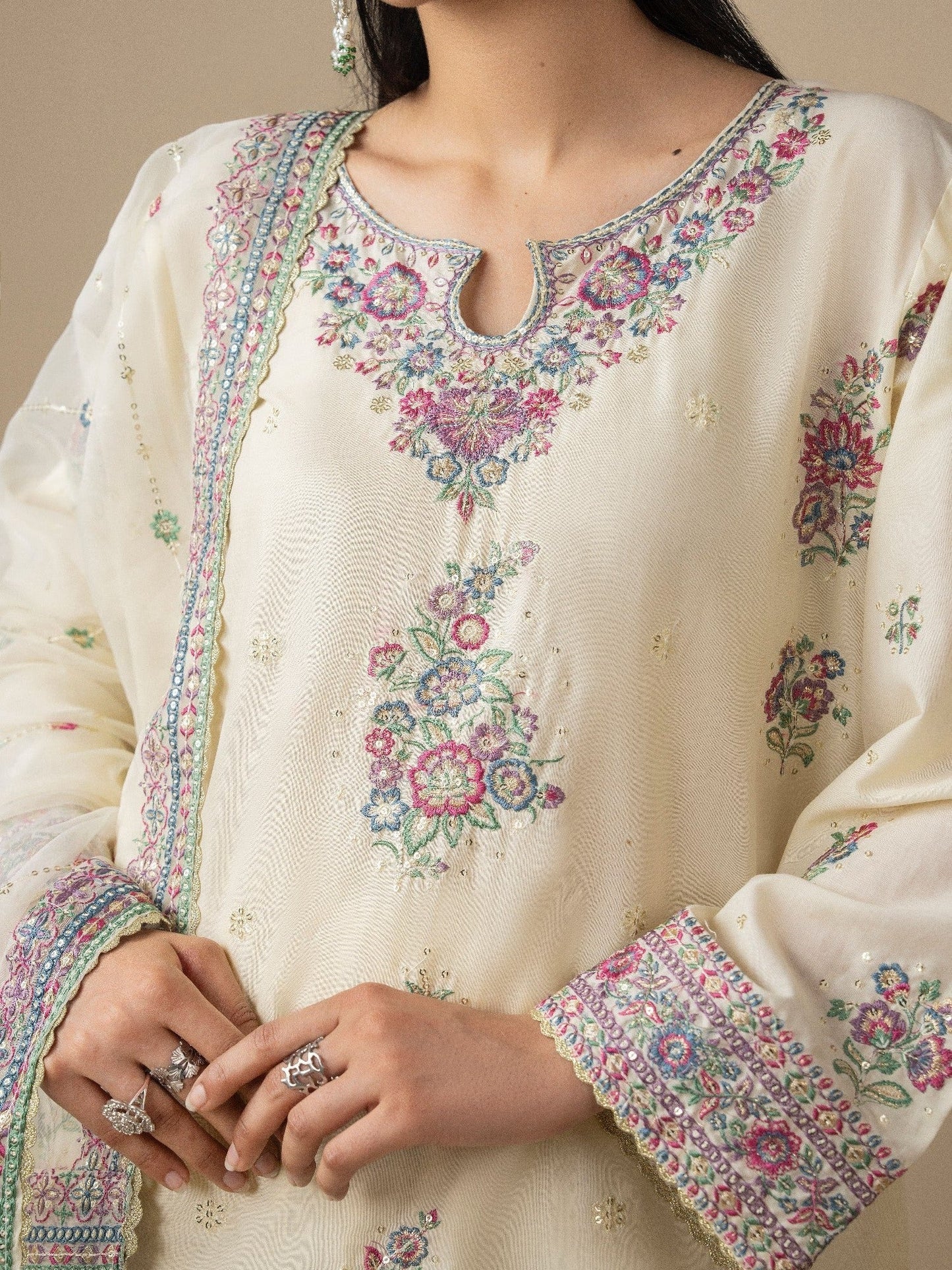 Cream Stylish Collection Mahani Lawn Embroidered Stitched 3-Piece Suit-Laaj