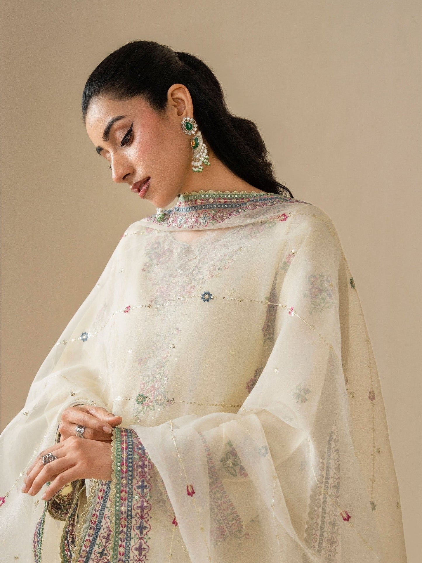 Cream Stylish Collection Mahani Lawn Embroidered Stitched 3-Piece Suit-Laaj