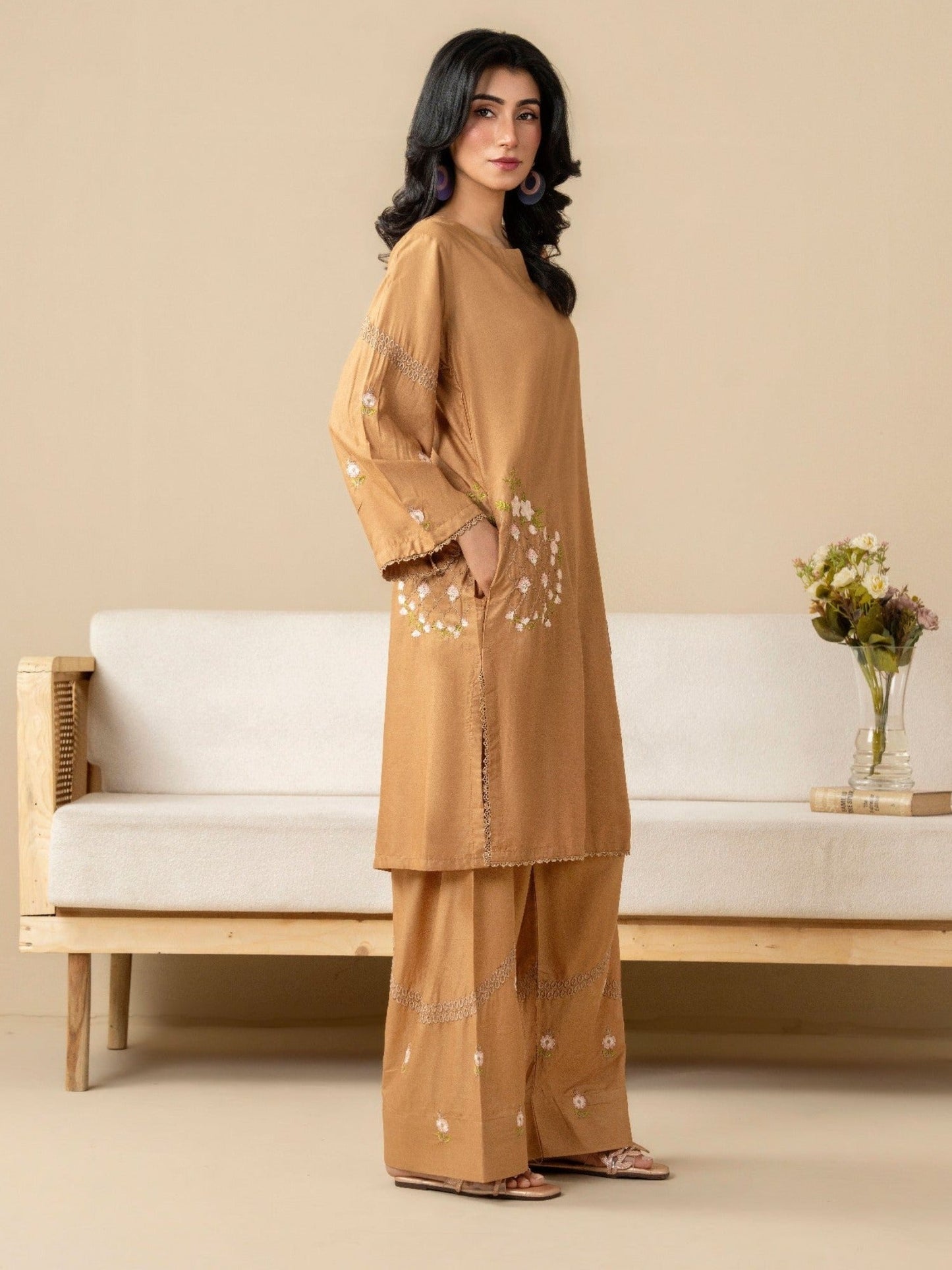 Brown Stylish Collection Wesper Linen Embroidered Stitched 2-Piece Suit-Mehrunisa