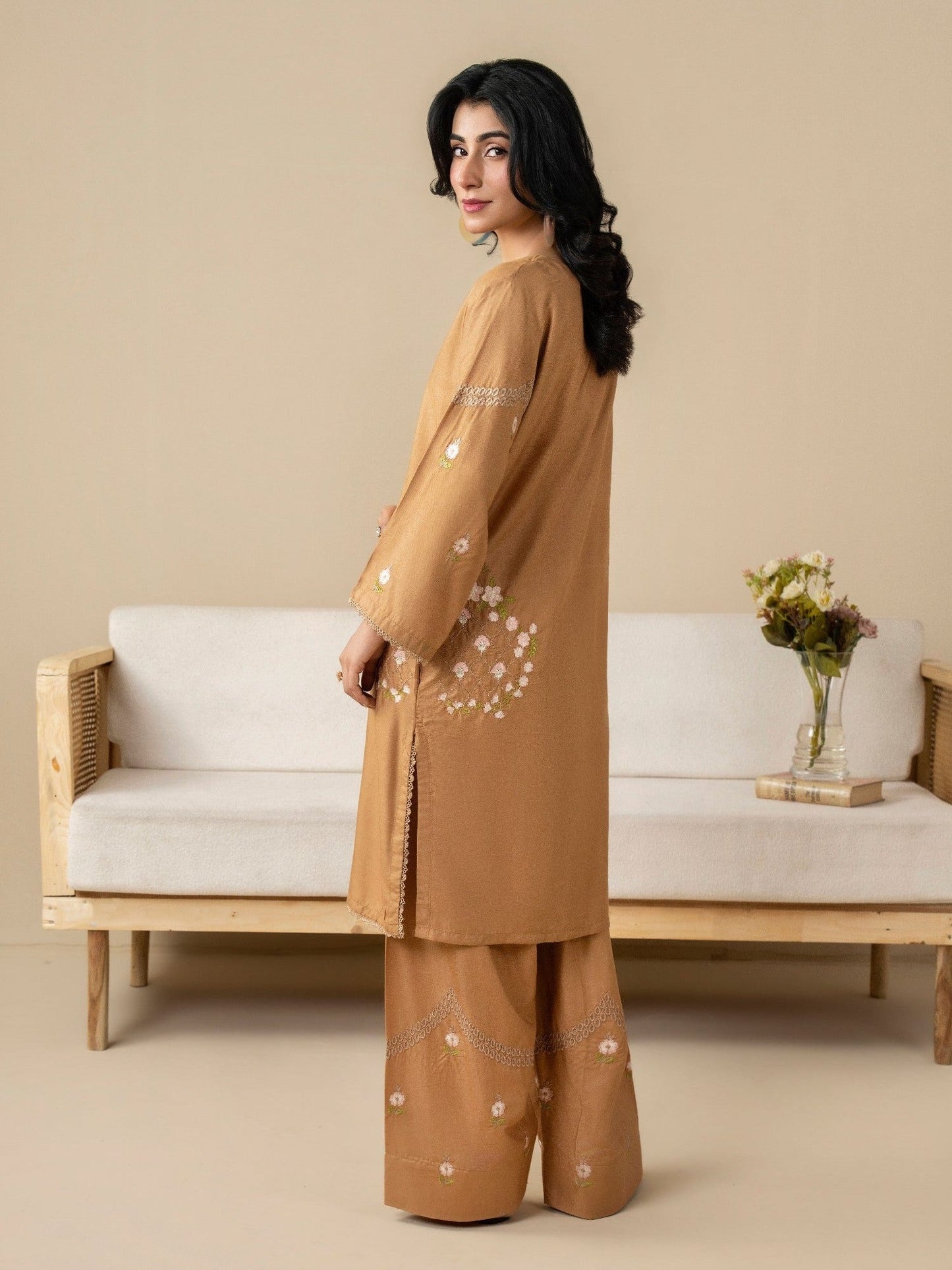 Brown Stylish Collection Wesper Linen Embroidered Stitched 2-Piece Suit-Mehrunisa