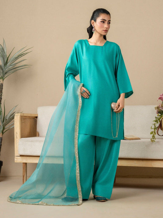 Green Stylish Collection Vesper Linen Stitched 3-Piece Suit-Bug