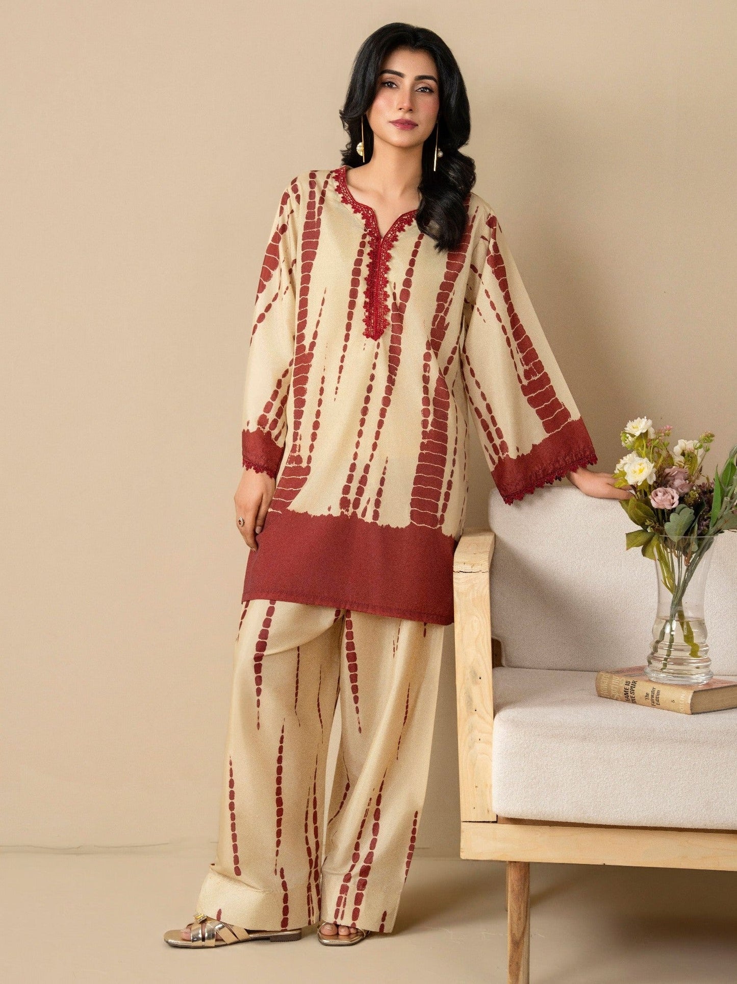 Beige Stylish Collection Vesper Silk Grip Printed Stitched 2-Piece Suit-Zeen