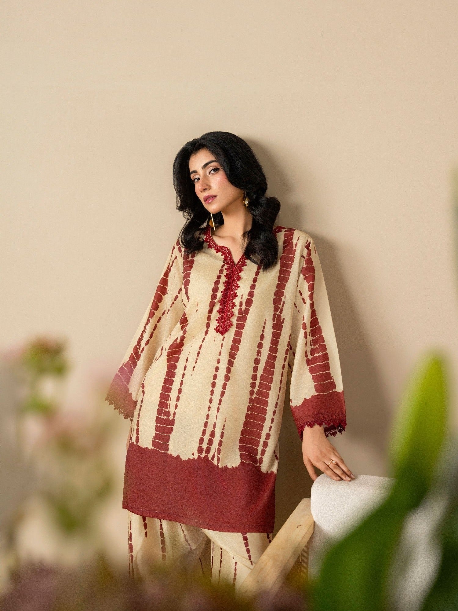 Beige Stylish Collection Vesper Silk Grip Printed Stitched 2-Piece Suit-Zeen