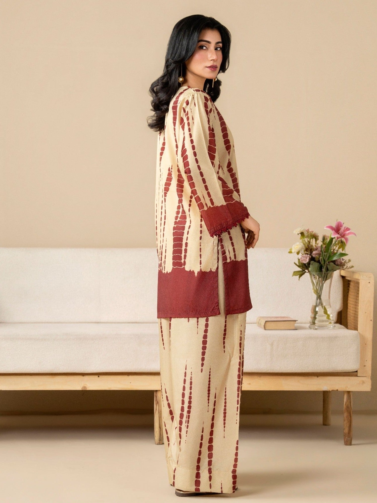 Beige Stylish Collection Vesper Silk Grip Printed Stitched 2-Piece Suit-Zeen