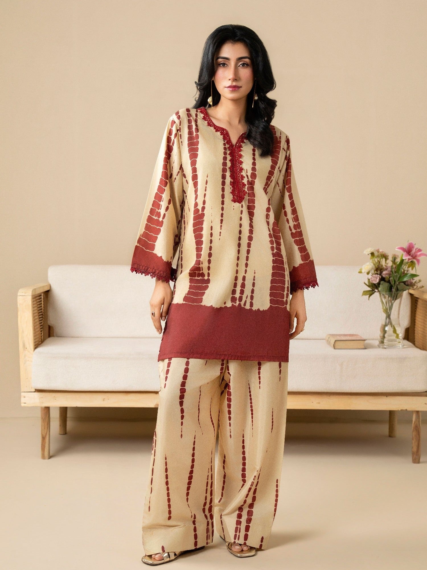 Beige Stylish Collection Vesper Silk Grip Printed Stitched 2-Piece Suit-Zeen