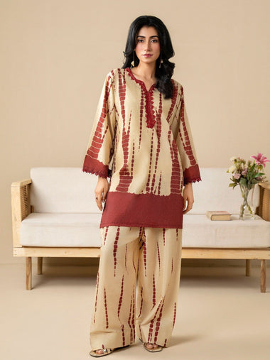 Beige Stylish Collection Vesper Silk Grip Printed Stitched 2-Piece Suit-Zeen