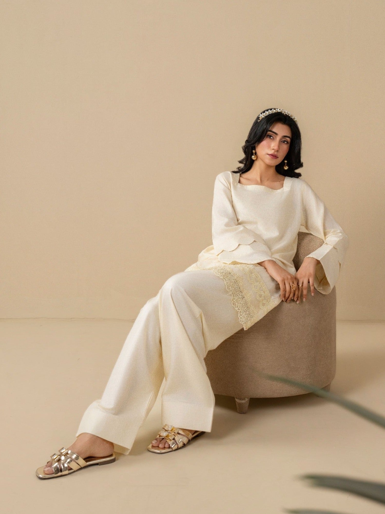 Cream Stylish Collection Vesper Linen Embroidered Stitched 2-Piece Suit-Tulip
