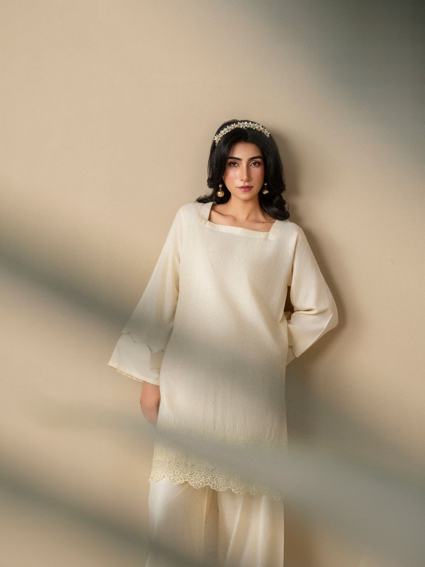 Cream Stylish Collection Vesper Linen Embroidered Stitched 2-Piece Suit-Tulip