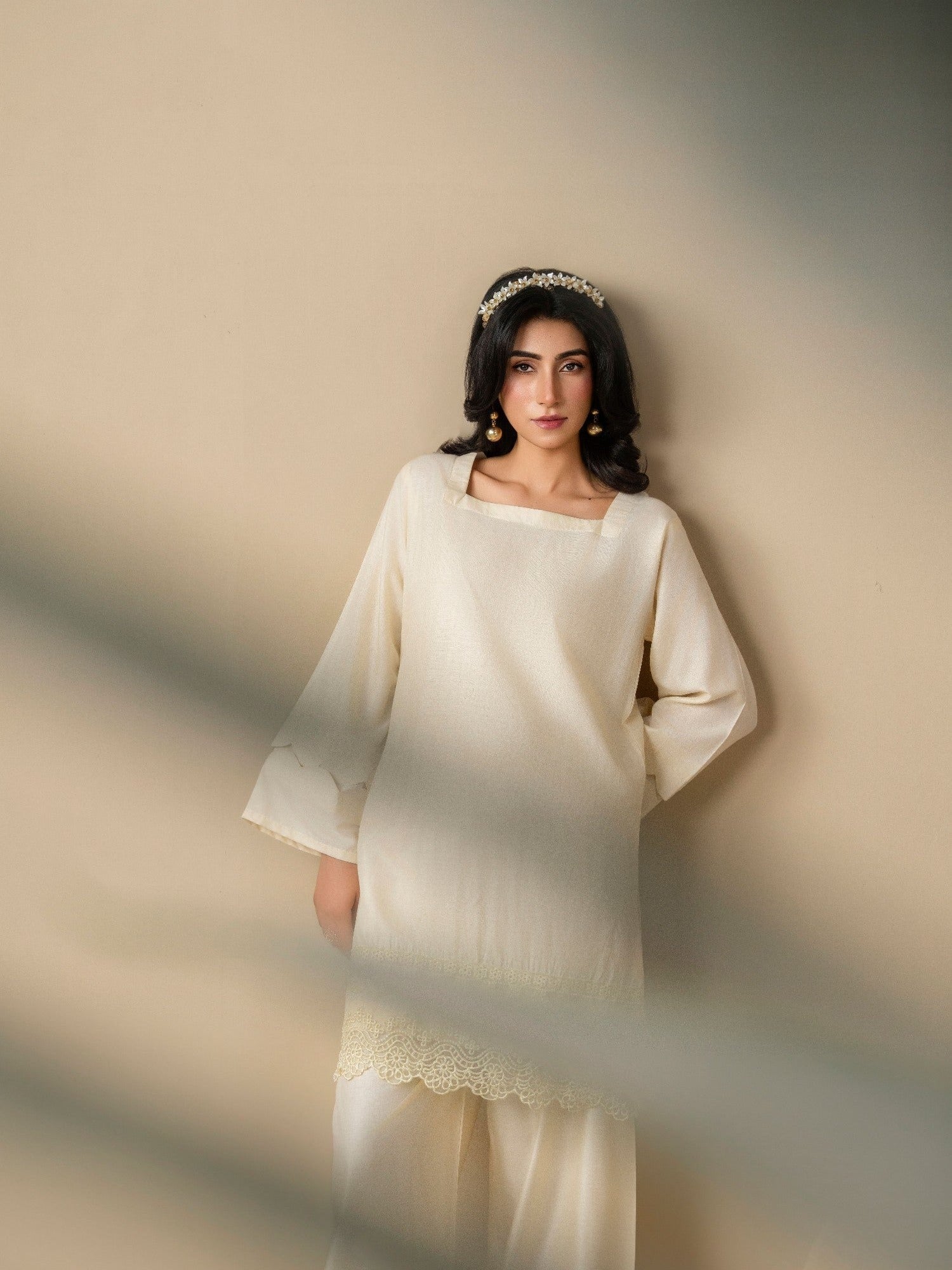 Cream Stylish Collection Vesper Linen Embroidered Stitched 2-Piece Suit-Tulip