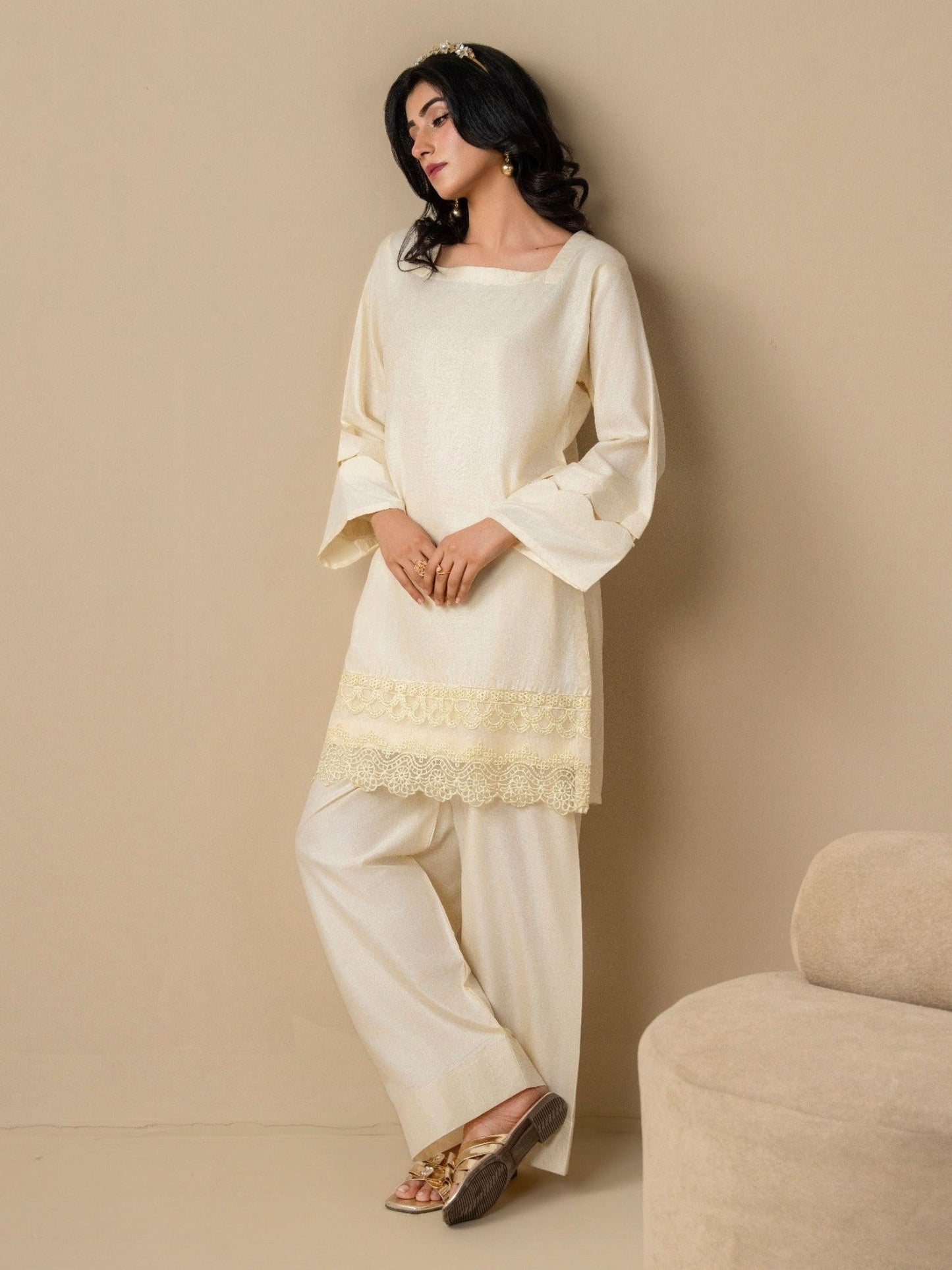 Cream Stylish Collection Vesper Linen Embroidered Stitched 2-Piece Suit-Tulip