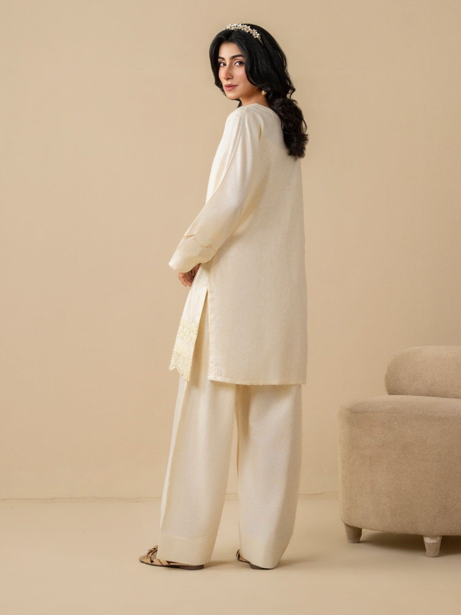 Cream Stylish Collection Vesper Linen Embroidered Stitched 2-Piece Suit-Tulip