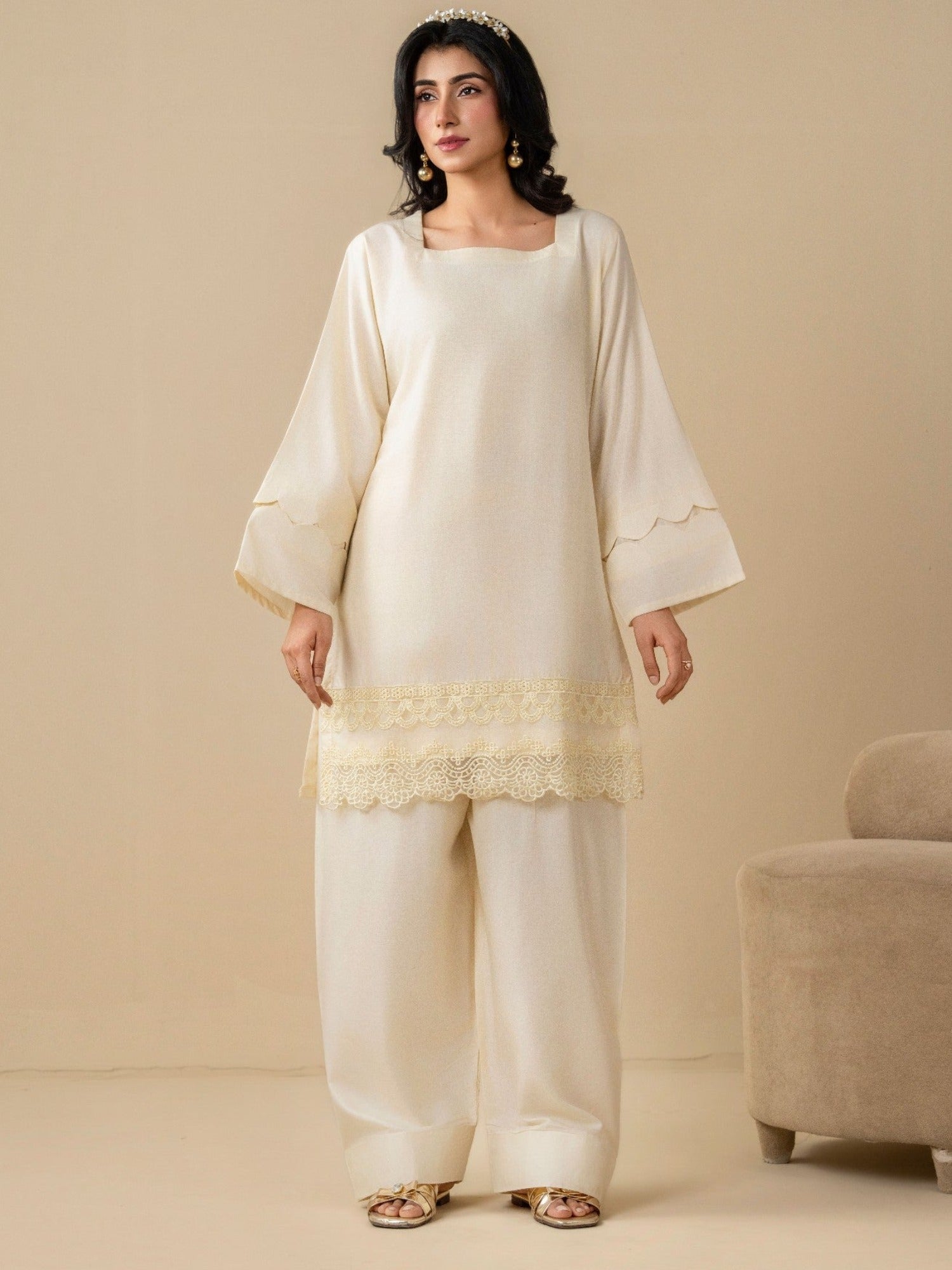 Cream Stylish Collection Vesper Linen Embroidered Stitched 2-Piece Suit-Tulip