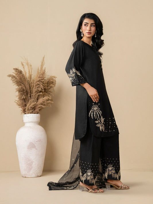 Black Stylish Collection Vesper Linen Embroidered Stitched 3-Piece Suit-Zola