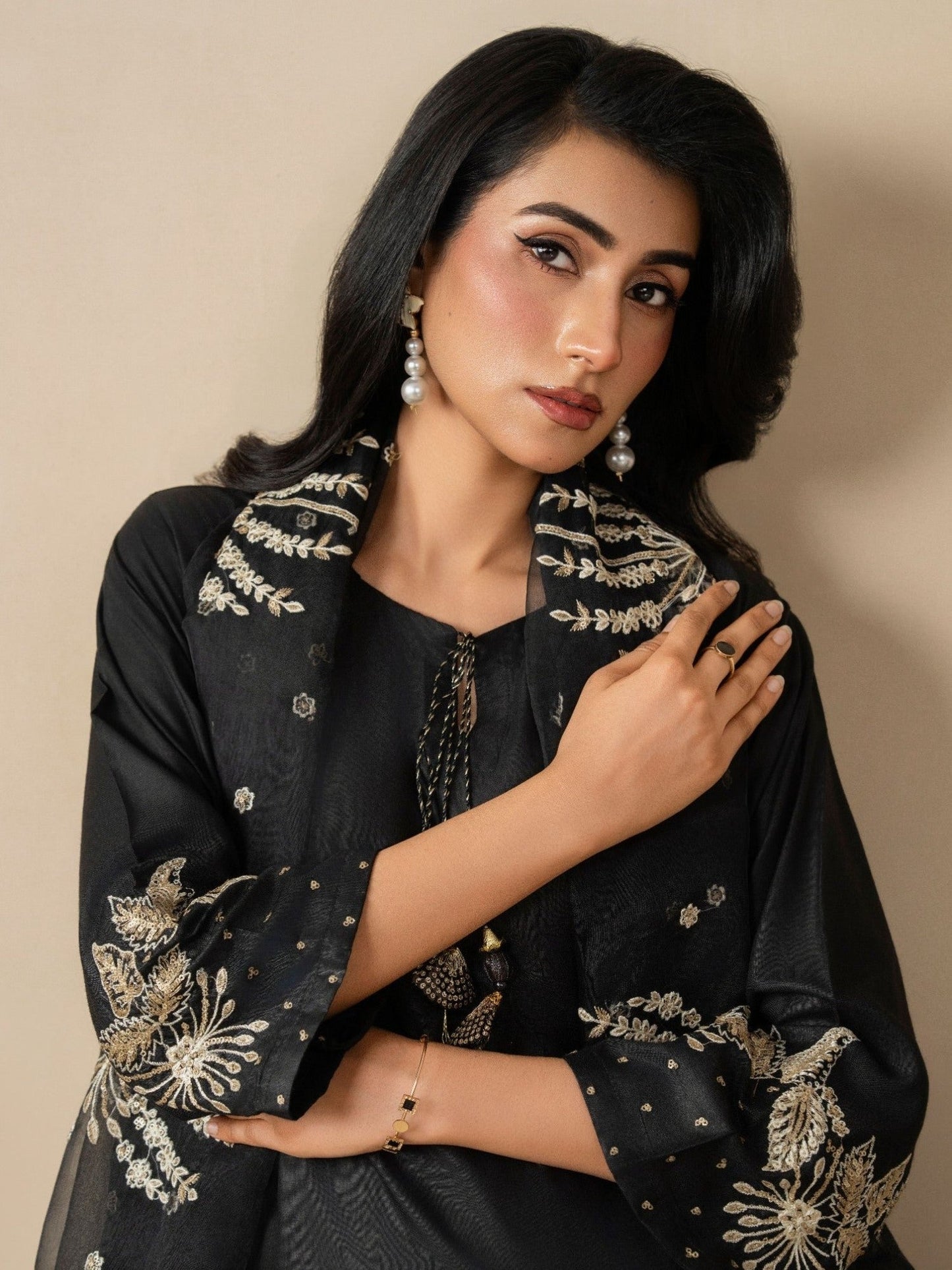 Black Stylish Collection Vesper Linen Embroidered Stitched 3-Piece Suit-Zola