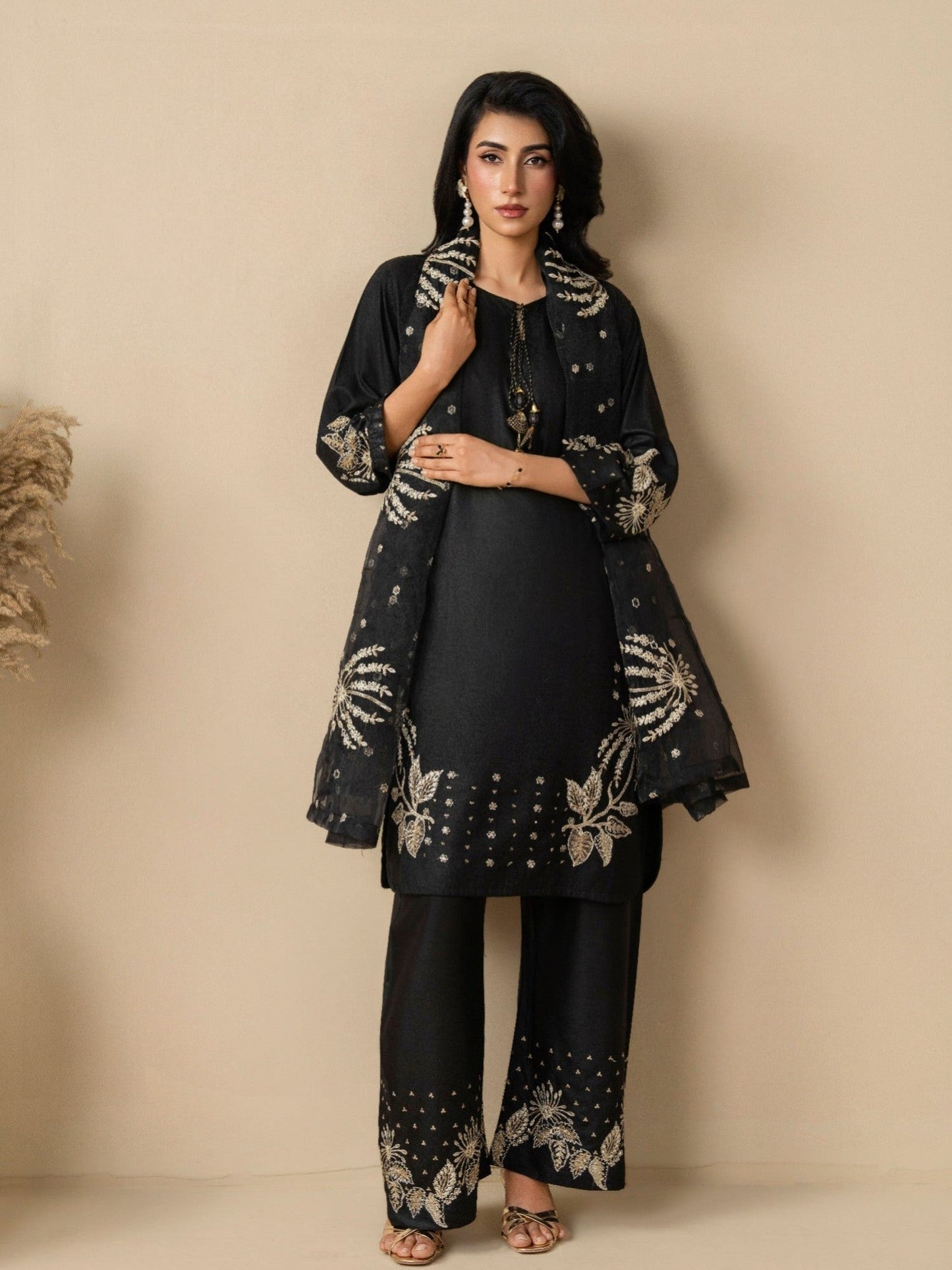Black Stylish Collection Vesper Linen Embroidered Stitched 3-Piece Suit-Zola