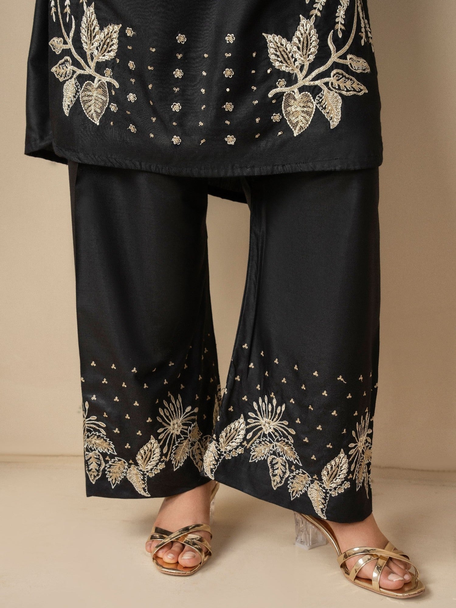 Black Stylish Collection Vesper Linen Embroidered Stitched 3-Piece Suit-Zola