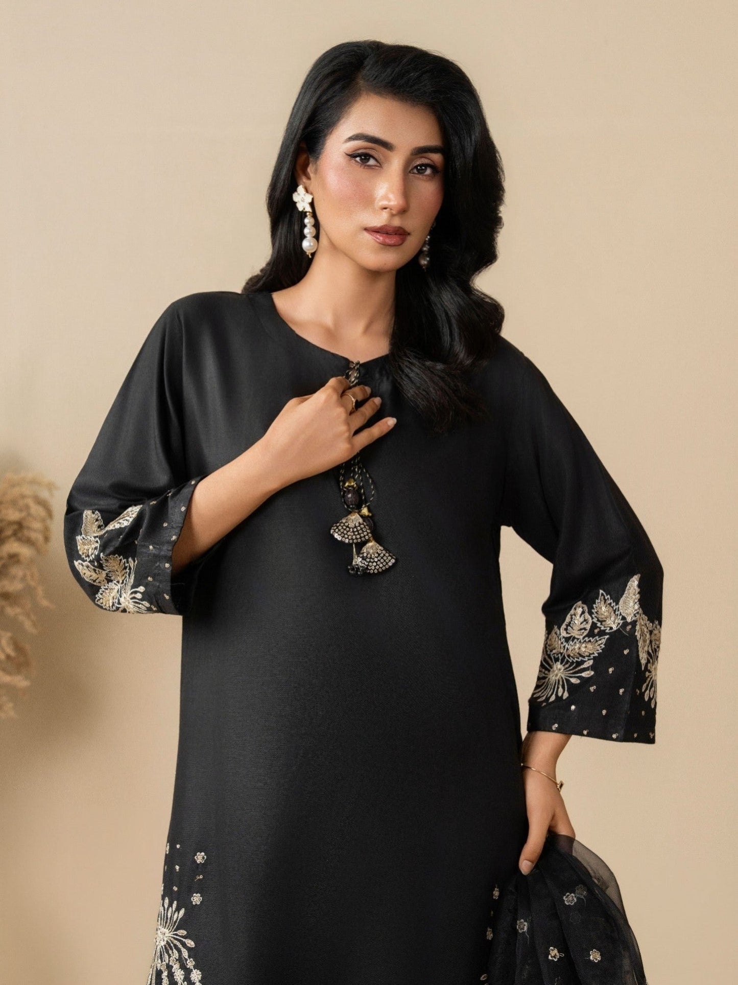 Black Stylish Collection Vesper Linen Embroidered Stitched 3-Piece Suit-Zola