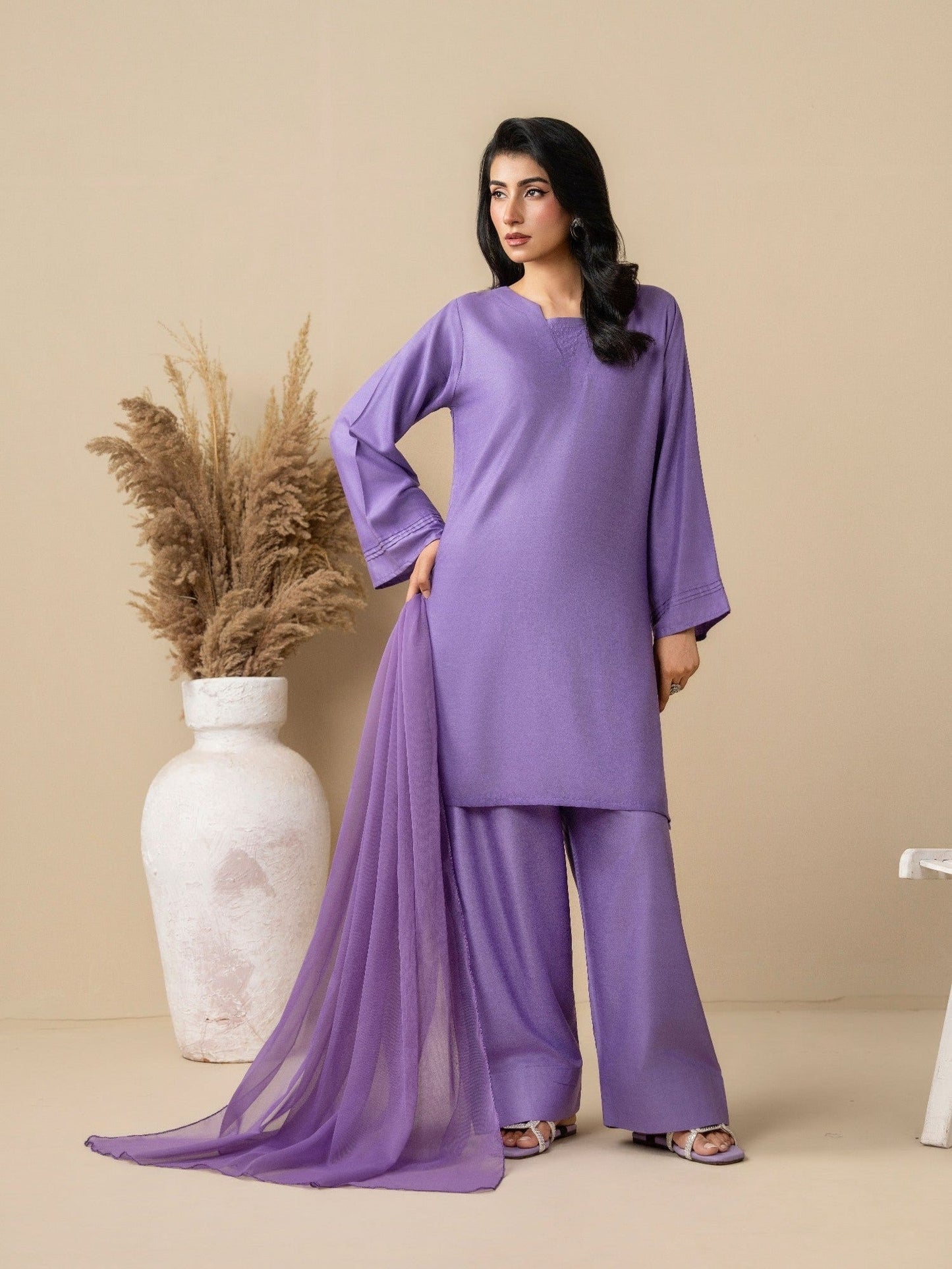 Lilac Stylish Collection Wesper Linen Stitched 3-Piece Suit-Lilac Orchid