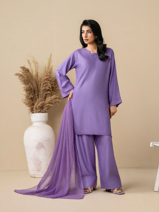 Lilac Stylish Collection Wesper Linen Stitched 3-Piece Suit-Lilac Orchid