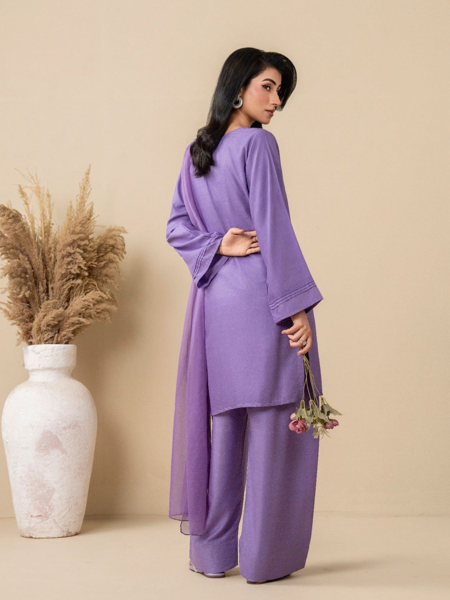 Lilac Stylish Collection Wesper Linen Stitched 3-Piece Suit-Lilac Orchid