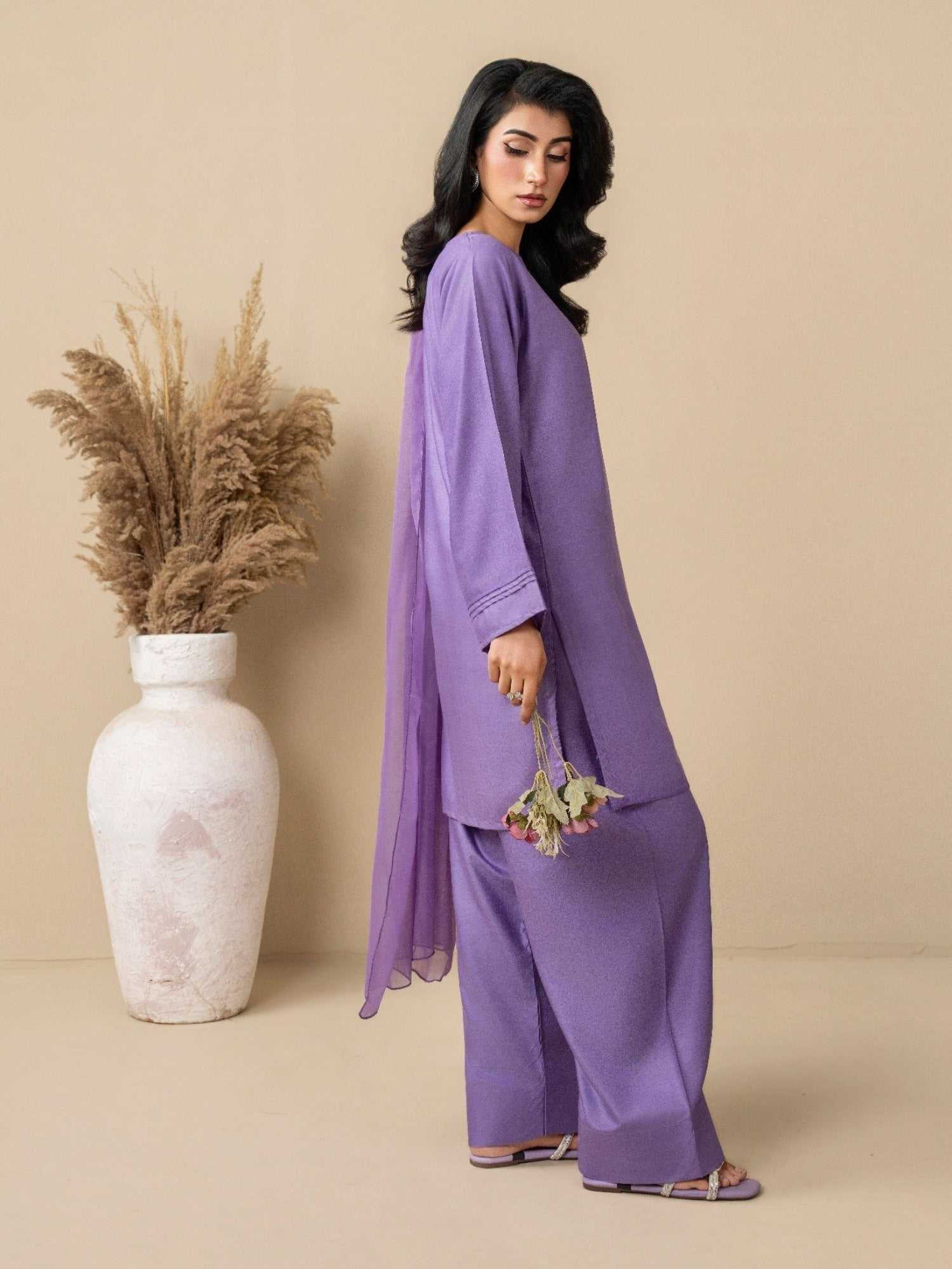 Lilac Stylish Collection Wesper Linen Stitched 3-Piece Suit-Lilac Orchid