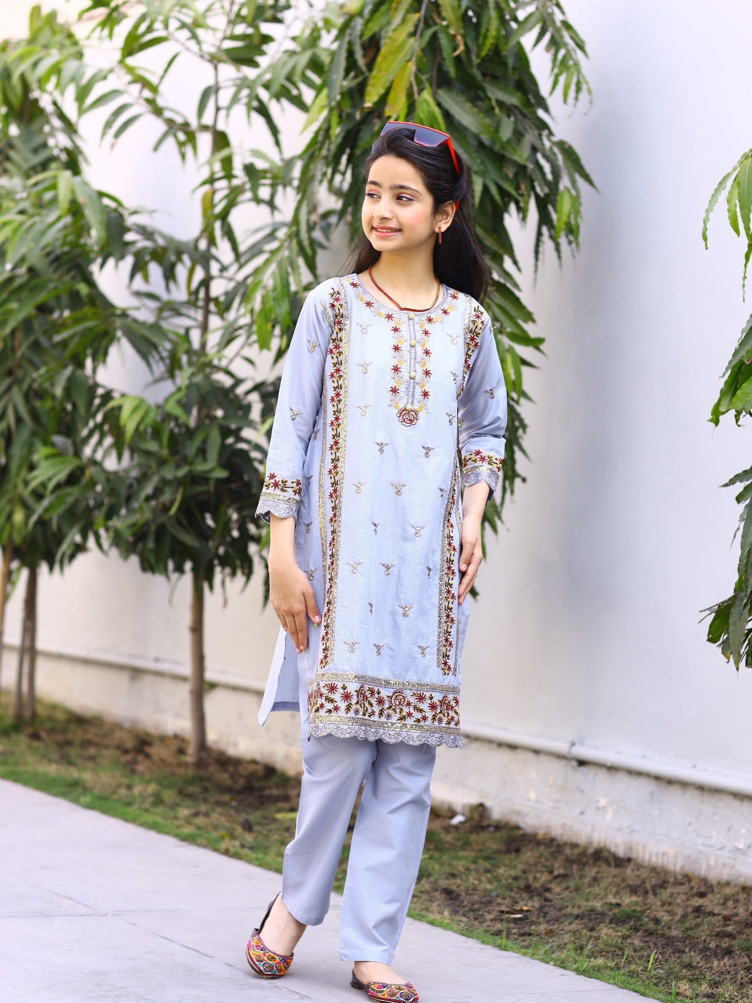 Blue-Lumira Cotton Embroidered Stitched 2-Piece Suit-Ocean Pearl