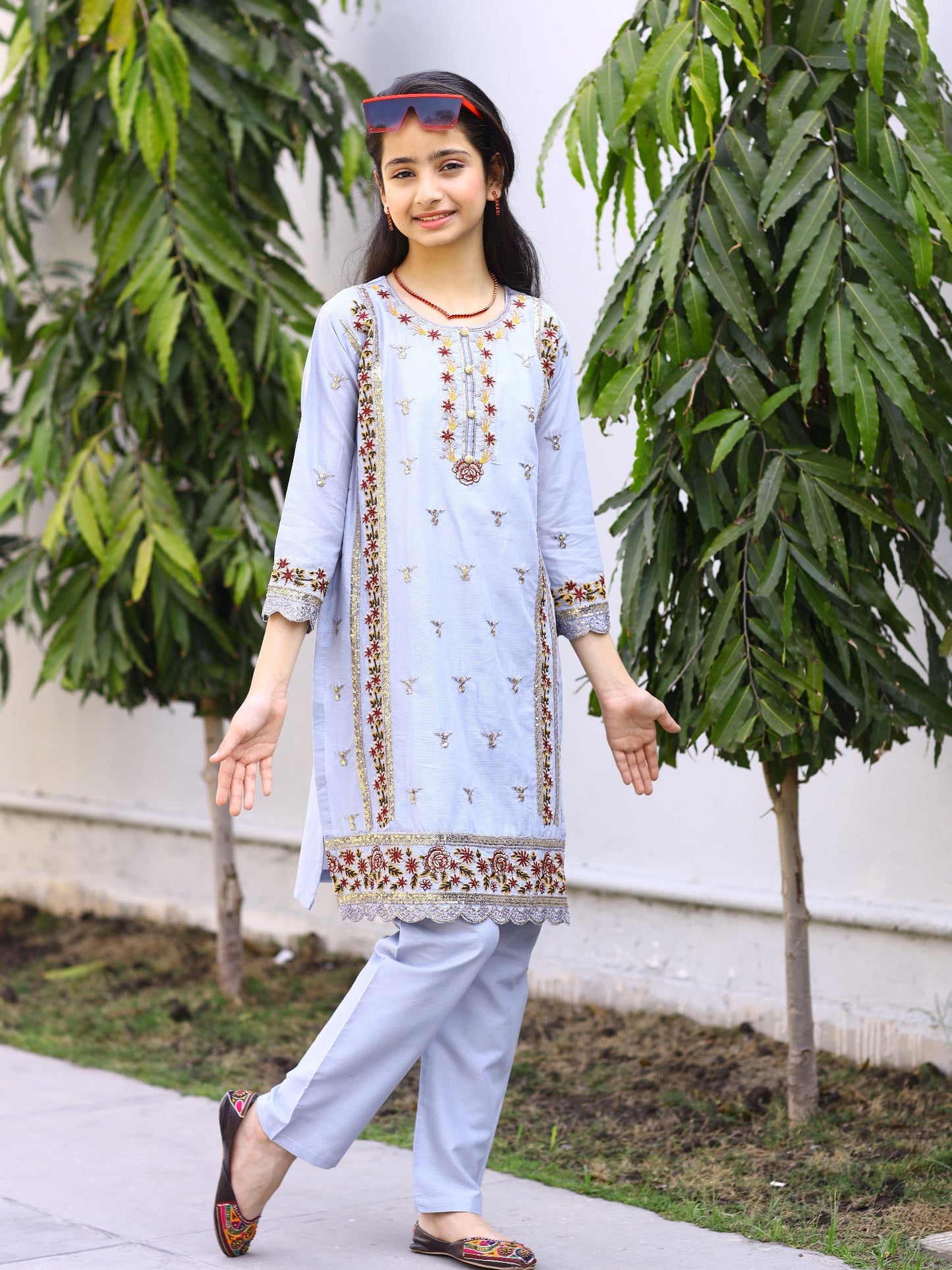 Blue-Lumira Cotton Embroidered Stitched 2-Piece Suit-Ocean Pearl