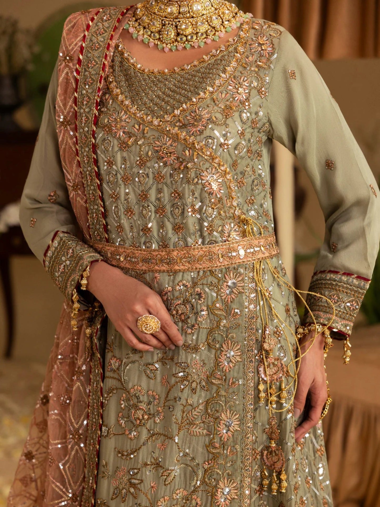 Green Sara Jahan Rang e Bahar Chiffon Embellished Stitched 4-Piece Suit-SJ-1066