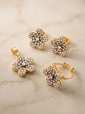 Orya Jewellery Gold Flower Ring Pendant Earrings Set-Zircon White S21
