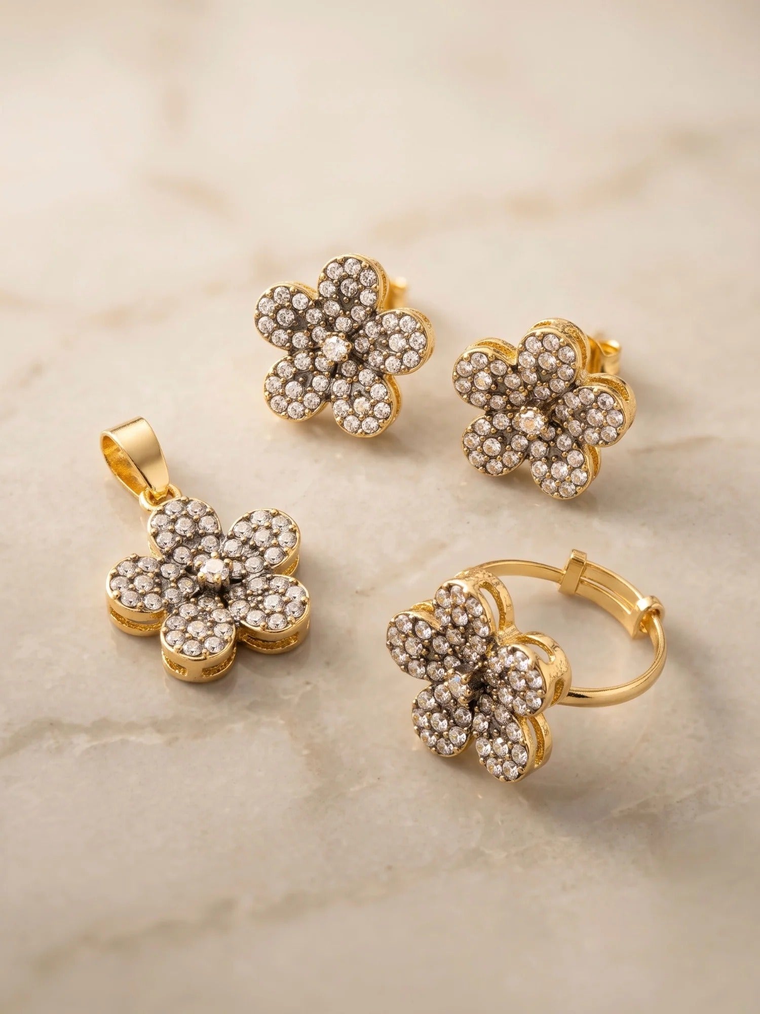 Orya Jewellery Gold Flower Ring Pendant Earrings Set-Zircon White S21
