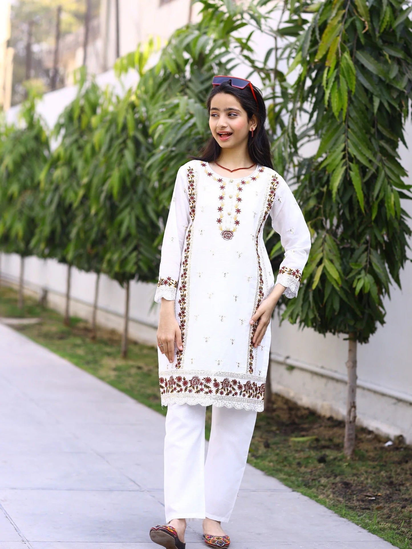 white-Lumira Cotton Embroidered Stitched 2-Piece Suit-Pearl White