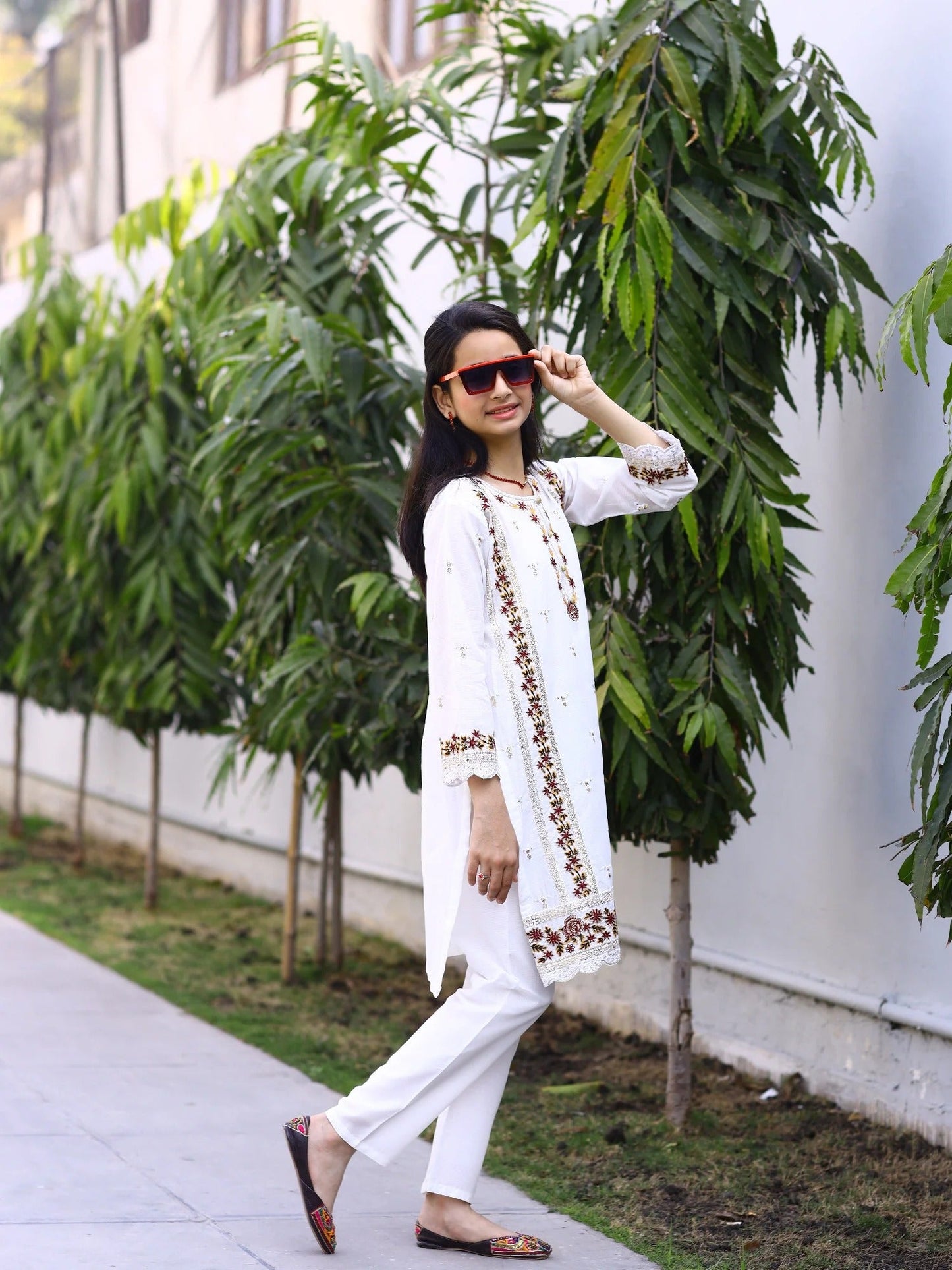 white-Lumira Cotton Embroidered Stitched 2-Piece Suit-Pearl White