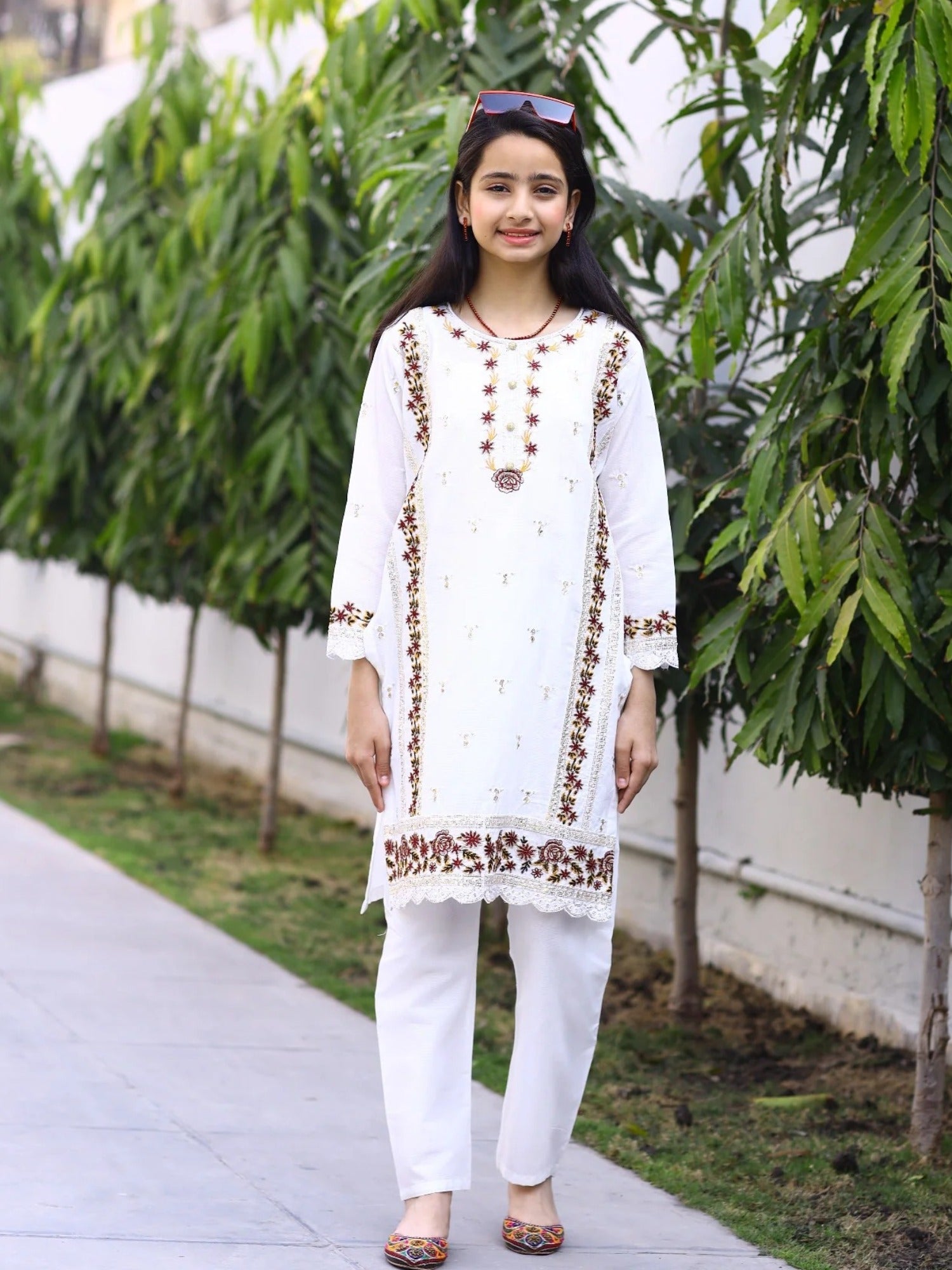 white-Lumira Cotton Embroidered Stitched 2-Piece Suit-Pearl White