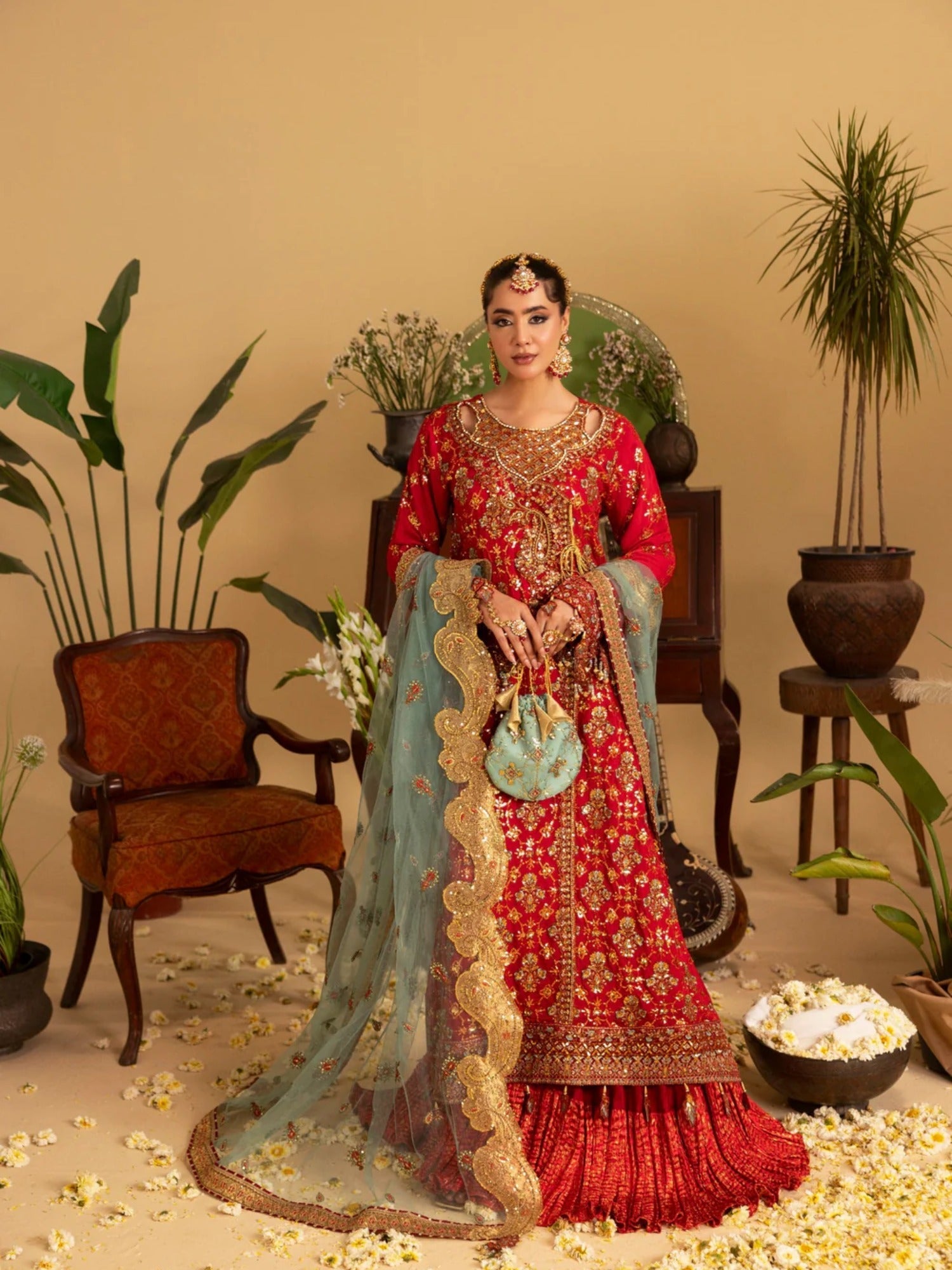 Red Sara Jahan Rang e Bahar Chiffon Embellished Lehenga Set-SJ-1067