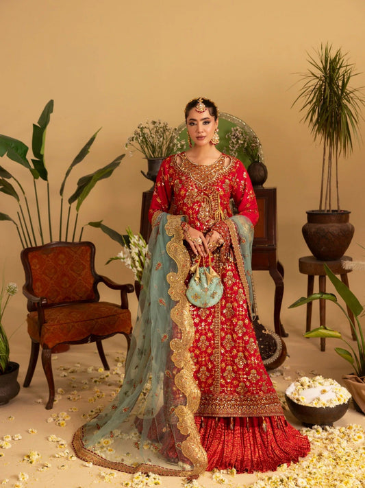 Red Sara Jahan Rang e Bahar Chiffon Embellished Lehenga Set-SJ-1067