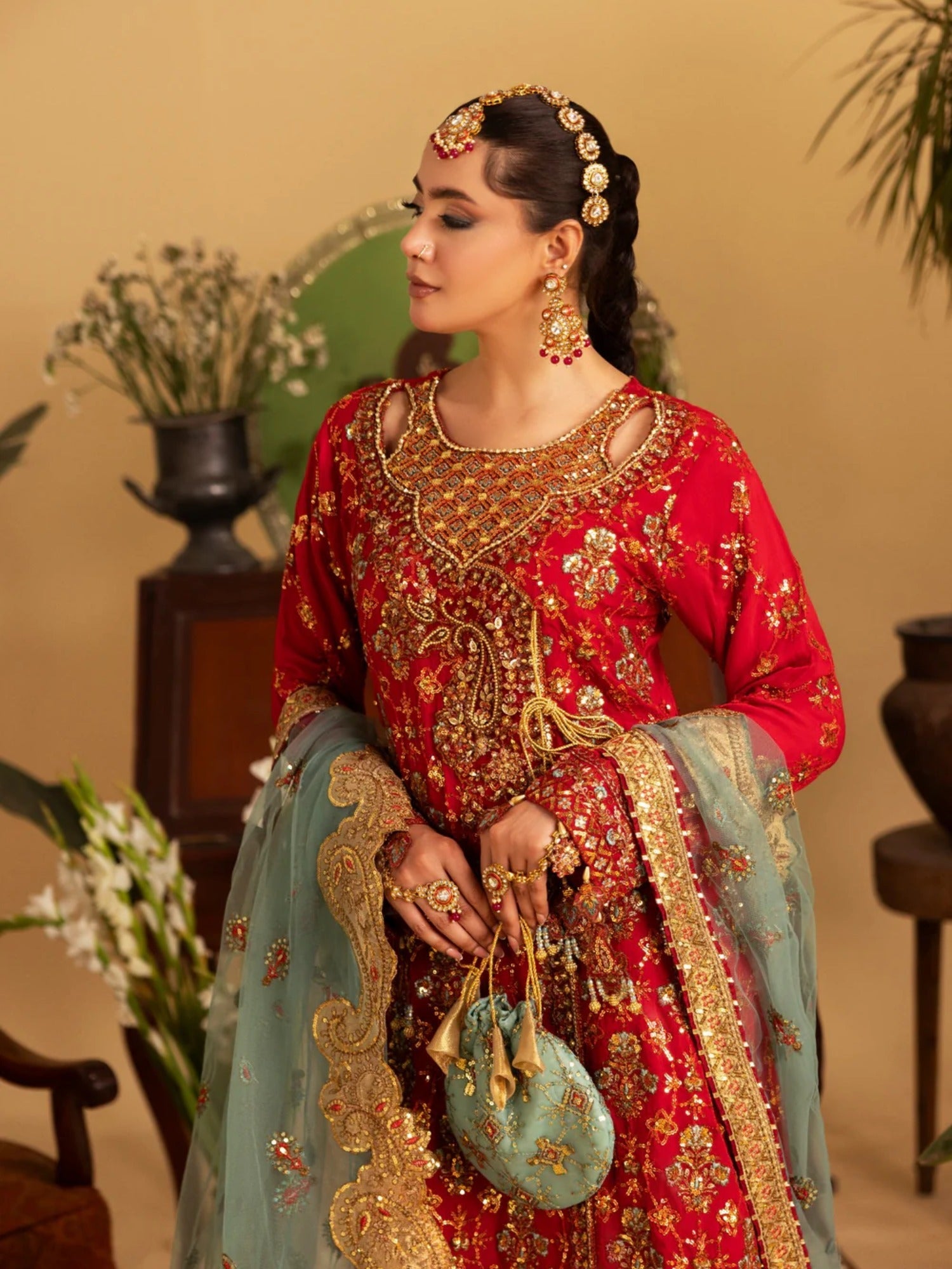 Red Sara Jahan Rang e Bahar Chiffon Embellished Lehenga Set-SJ-1067