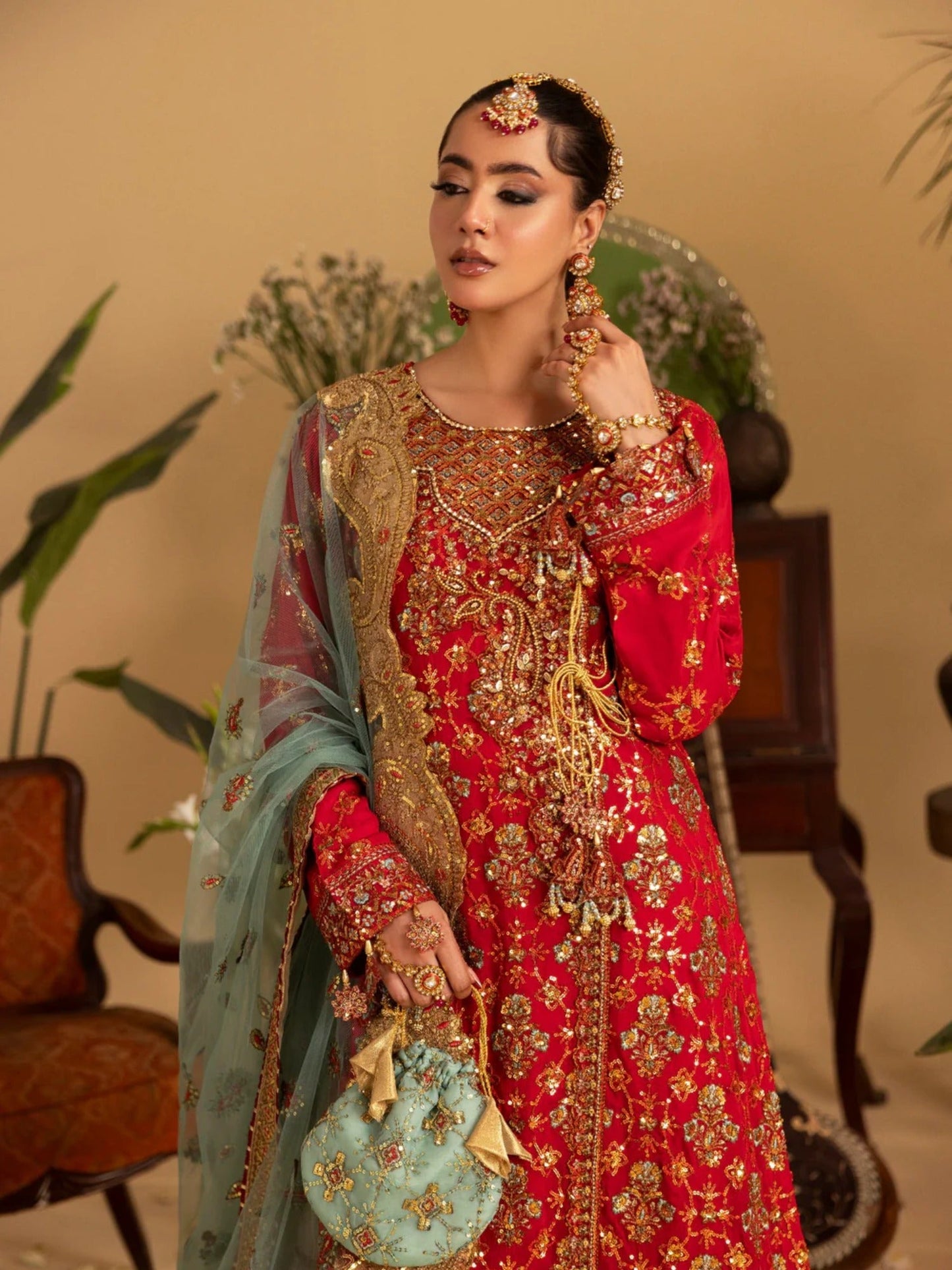 Red Sara Jahan Rang e Bahar Chiffon Embellished Lehenga Set-SJ-1067