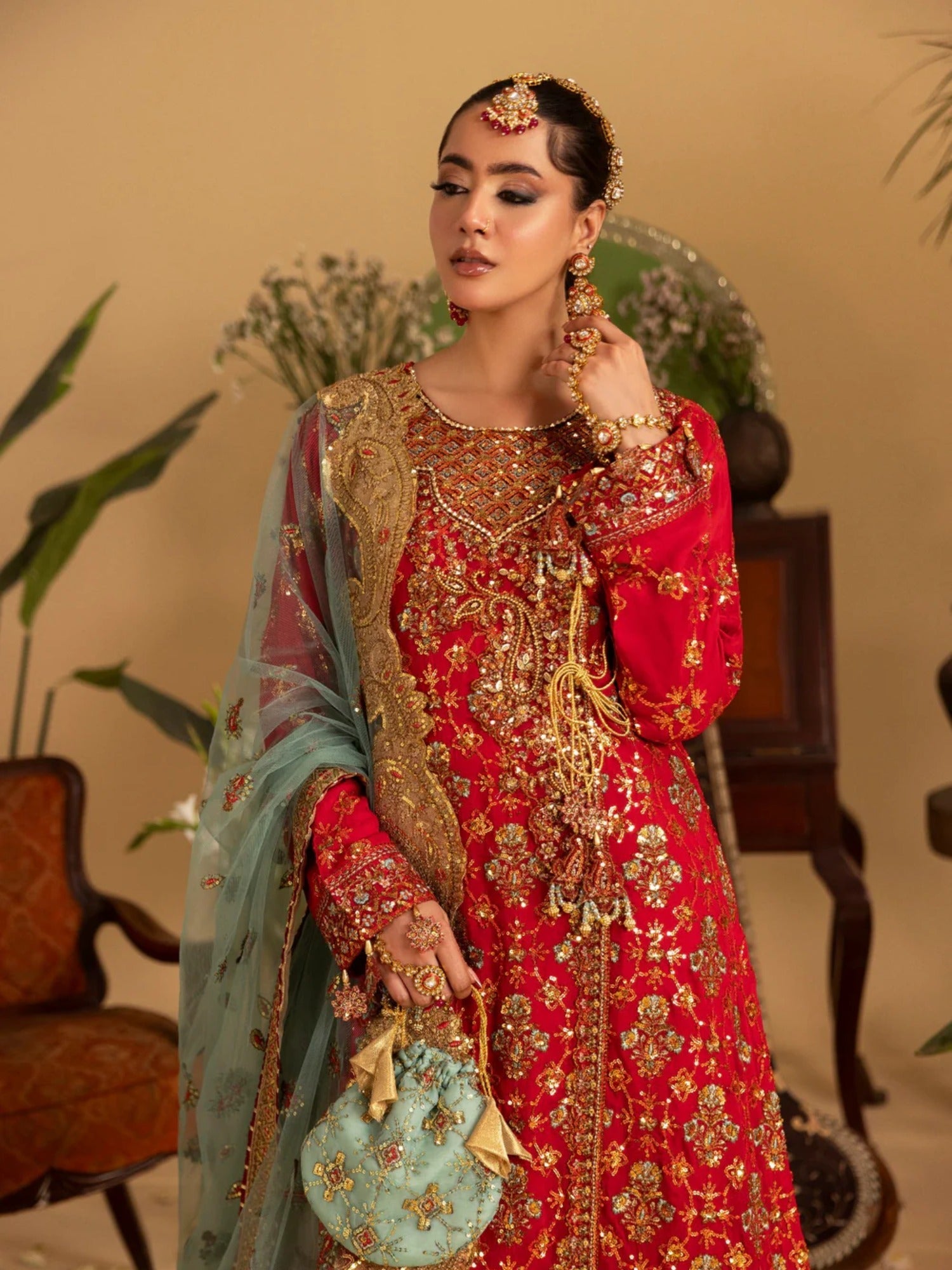 Red Sara Jahan Rang e Bahar Chiffon Embellished Lehenga Set-SJ-1067