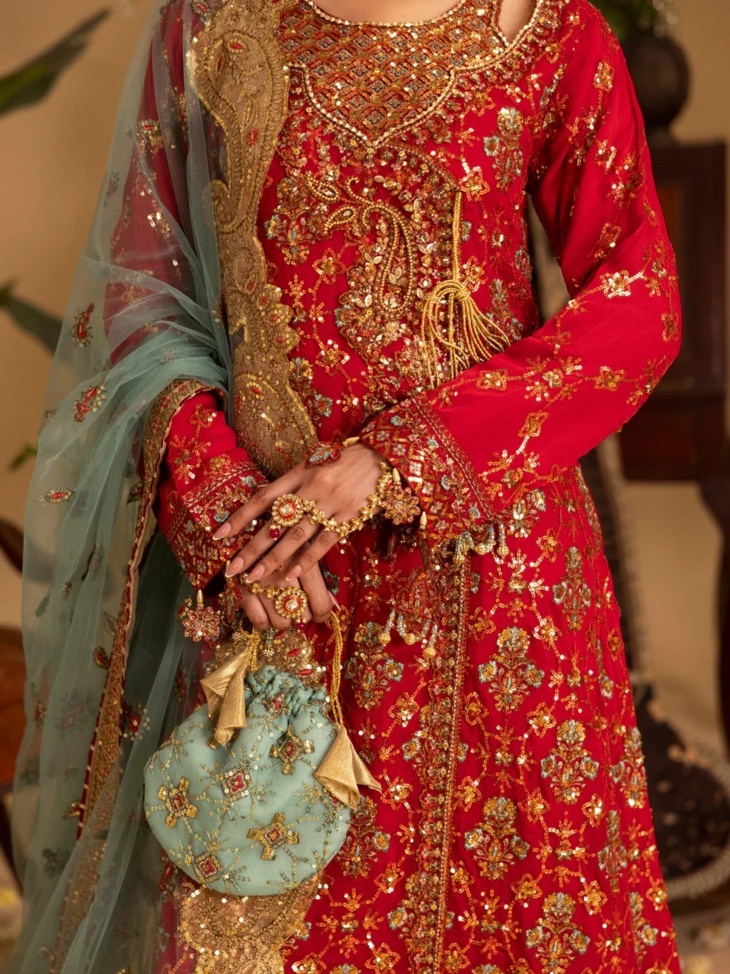 Red Sara Jahan Rang e Bahar Chiffon Embellished Lehenga Set-SJ-1067