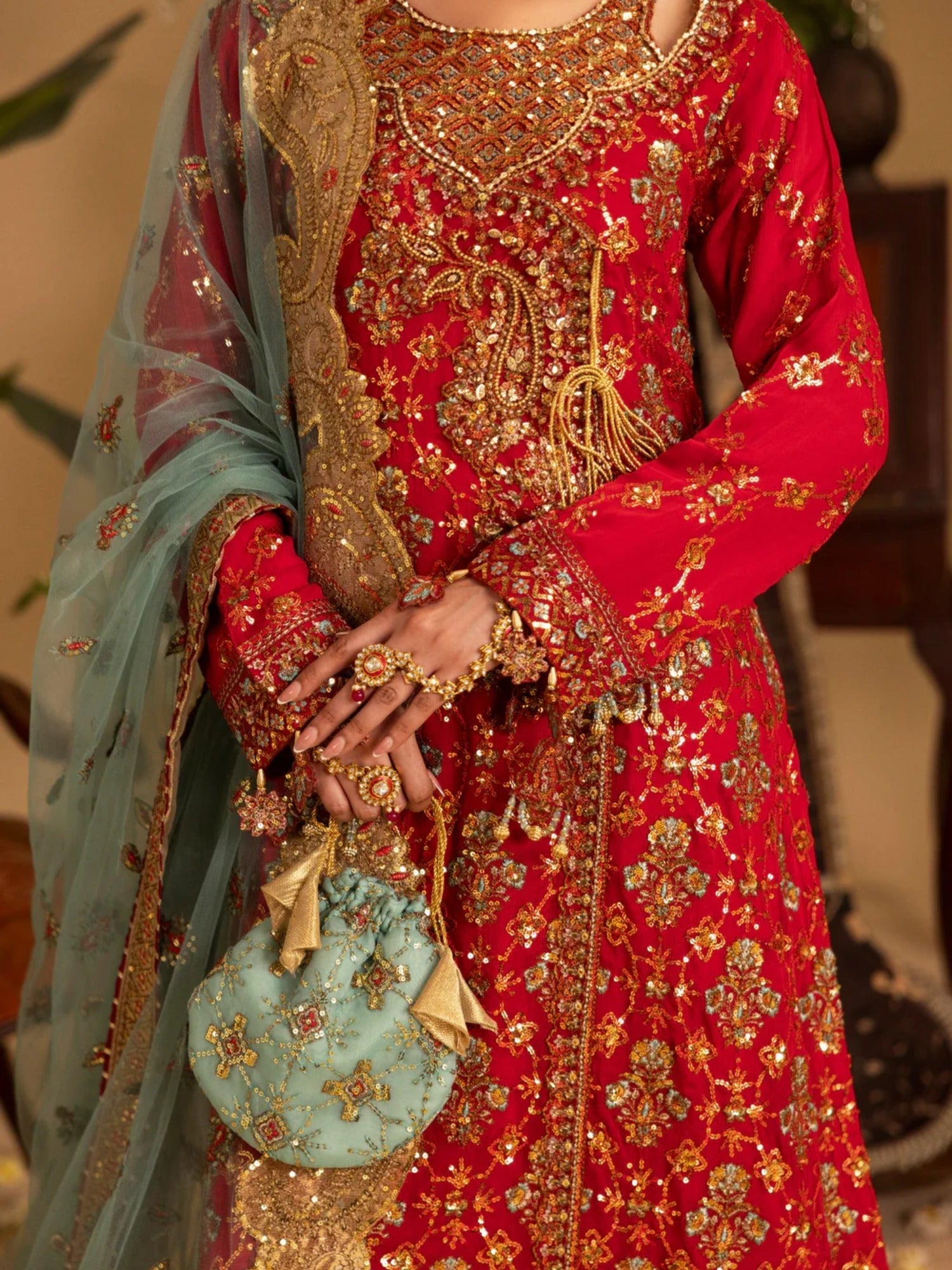 Red Sara Jahan Rang e Bahar Chiffon Embellished Lehenga Set-SJ-1067