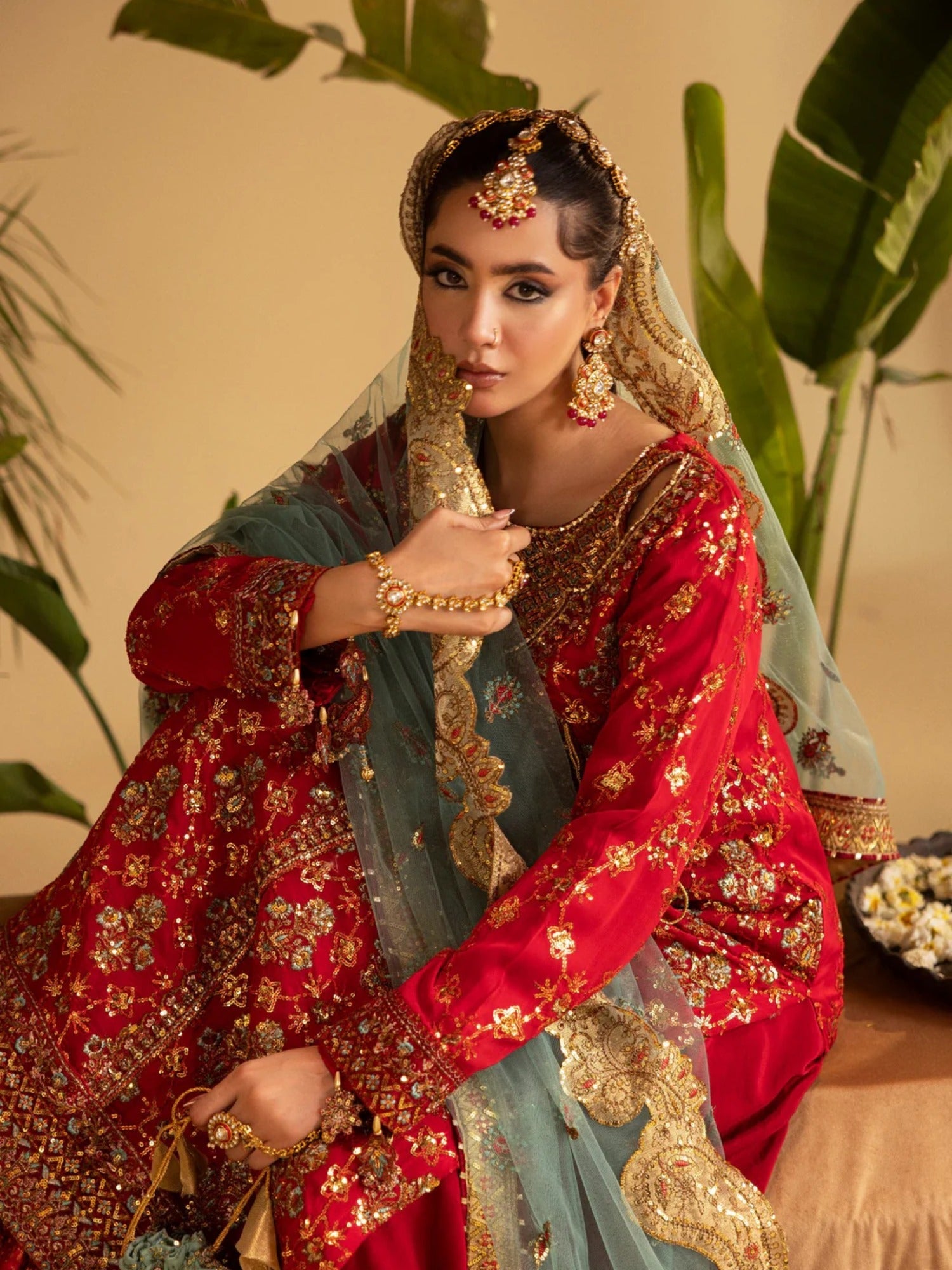 Red Sara Jahan Rang e Bahar Chiffon Embellished Lehenga Set-SJ-1067