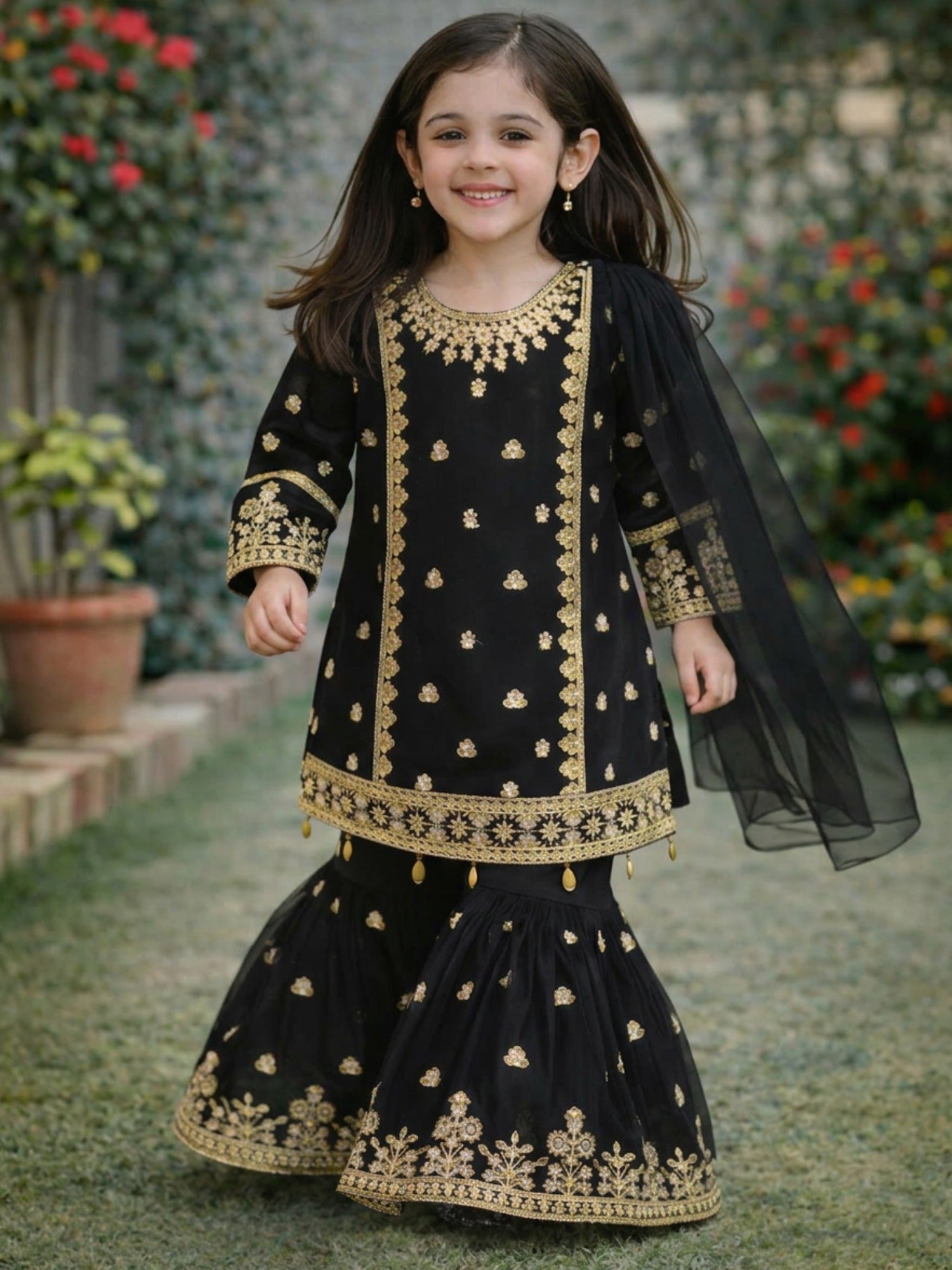 Black-Lumira Chiffon Embroidered Gharara-Elan